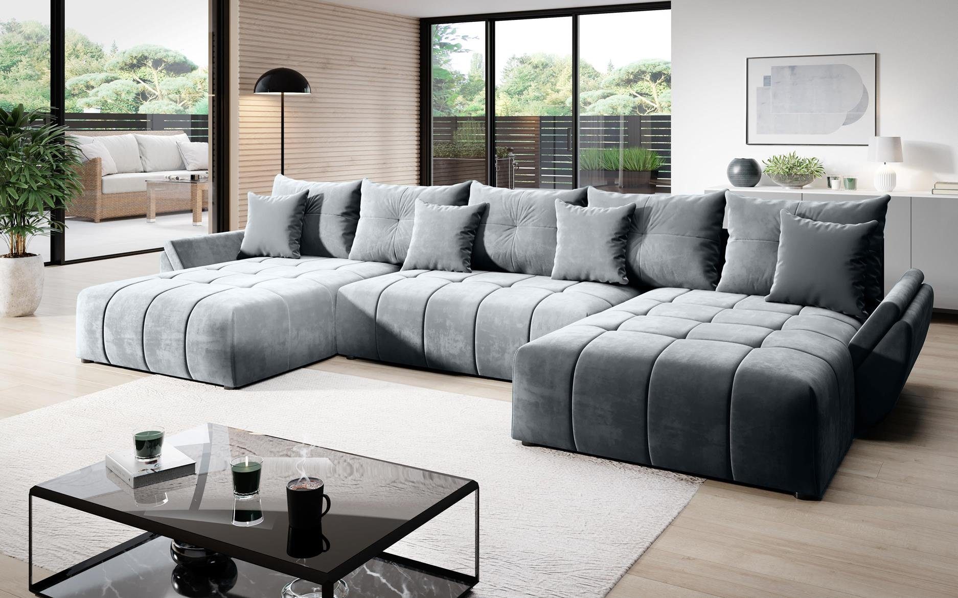 Furnix Schlafsofa CALVANI U Polstercouch in U-Form mit Bettkasten Kissen, 385 x 190 x 71/91 cm, hochwertig, made in Europe Hellgrau MH84