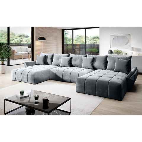 Furnix Schlafsofa CALVANI U Polstercouch in U-Form mit Bettkasten Kissen, 382 x 190 x 71/91 cm, hochwertig, made in Europe