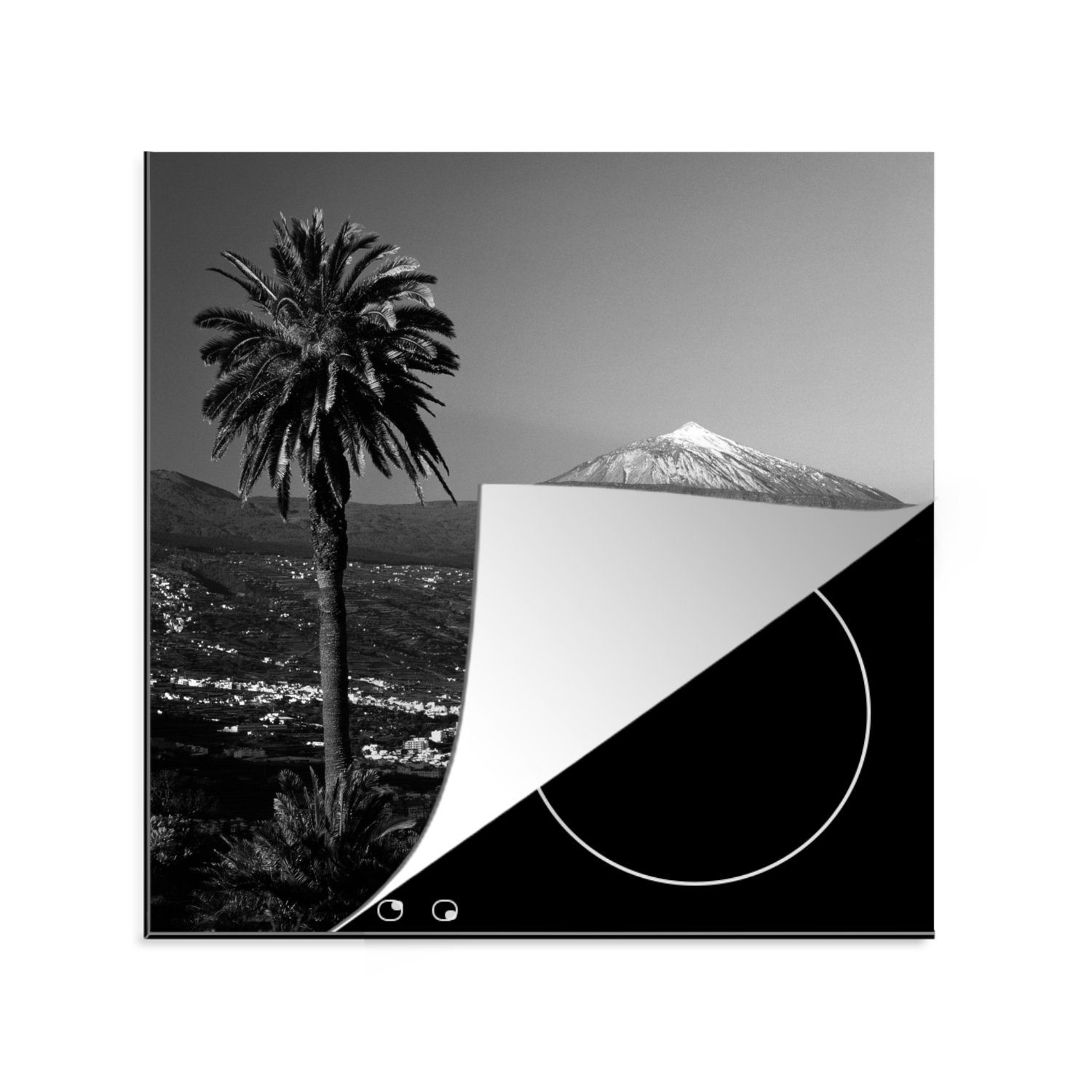 MuchoWow Herdblende-/Abdeckplatte Orotava mit Blick auf El Teide, Teneriffa - Schwarz und weiß, Vinyl, (1 tlg), 78x78 cm, Ceranfeldabdeckung, Arbeitsplatte für küche