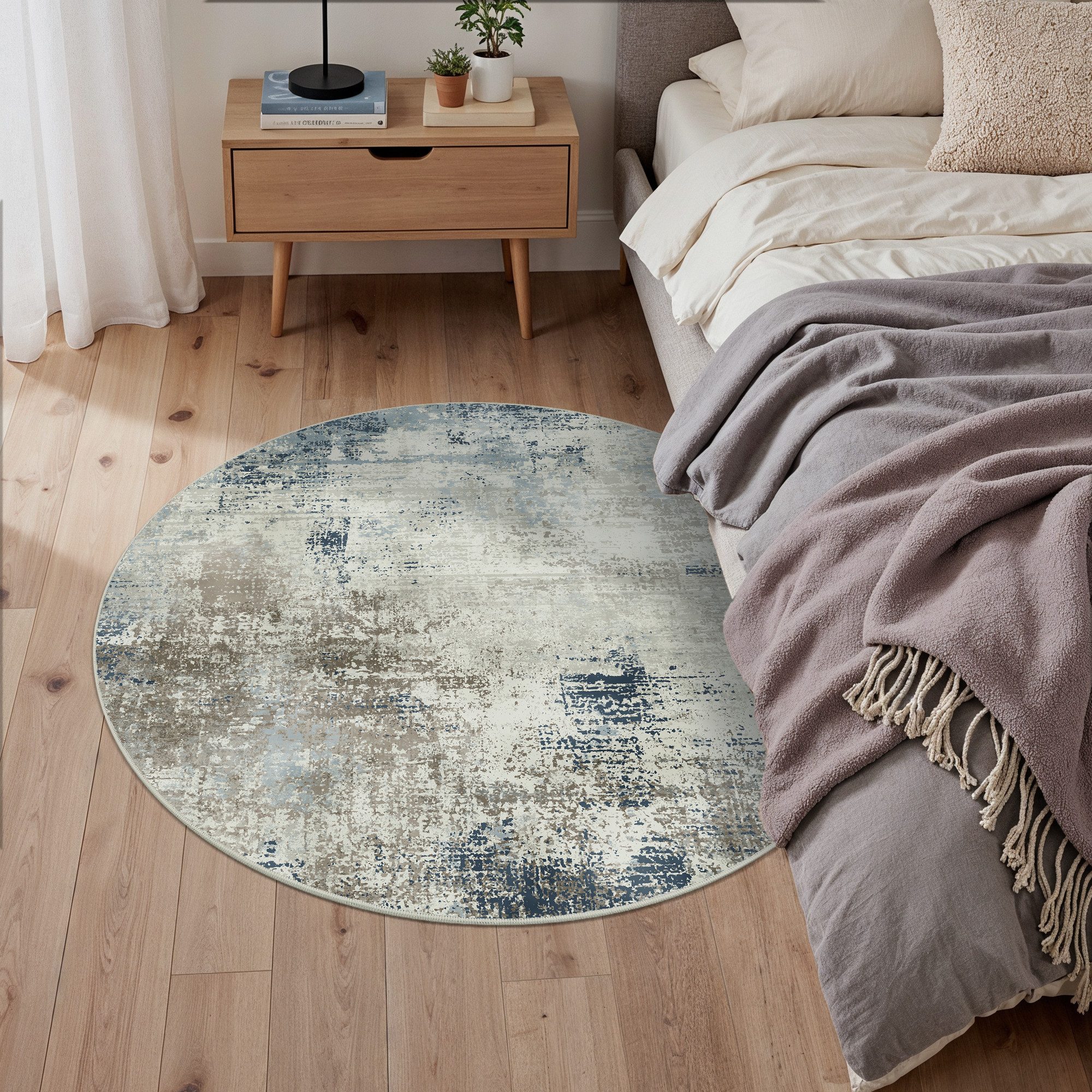 GENIMO Teppich Vintage Boho Teppich Küche Waschbar Schlafzimmer, Wohnzimmer, rund, Höhe: 6 mm, 135×135cm, blau