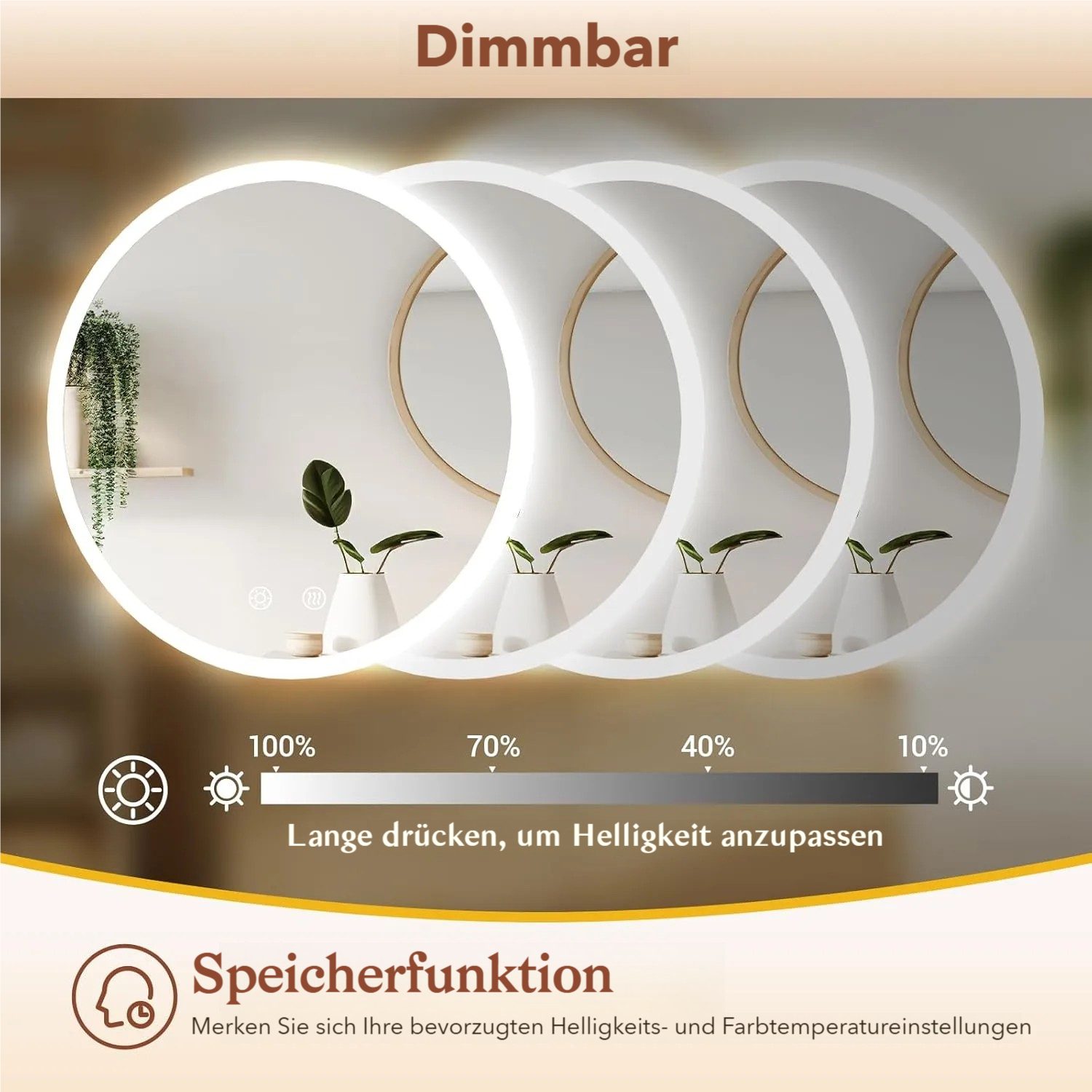 TLGREEN Badspiegel Rund mit Beleuchtung,LED Spiegel mit 3 Lichtfarben dimmbar, (gehärtetes Glas und mattierter Rand, Touch-Schalter, Memory-Funktion, Beschlagfr – Bild 5 von 5