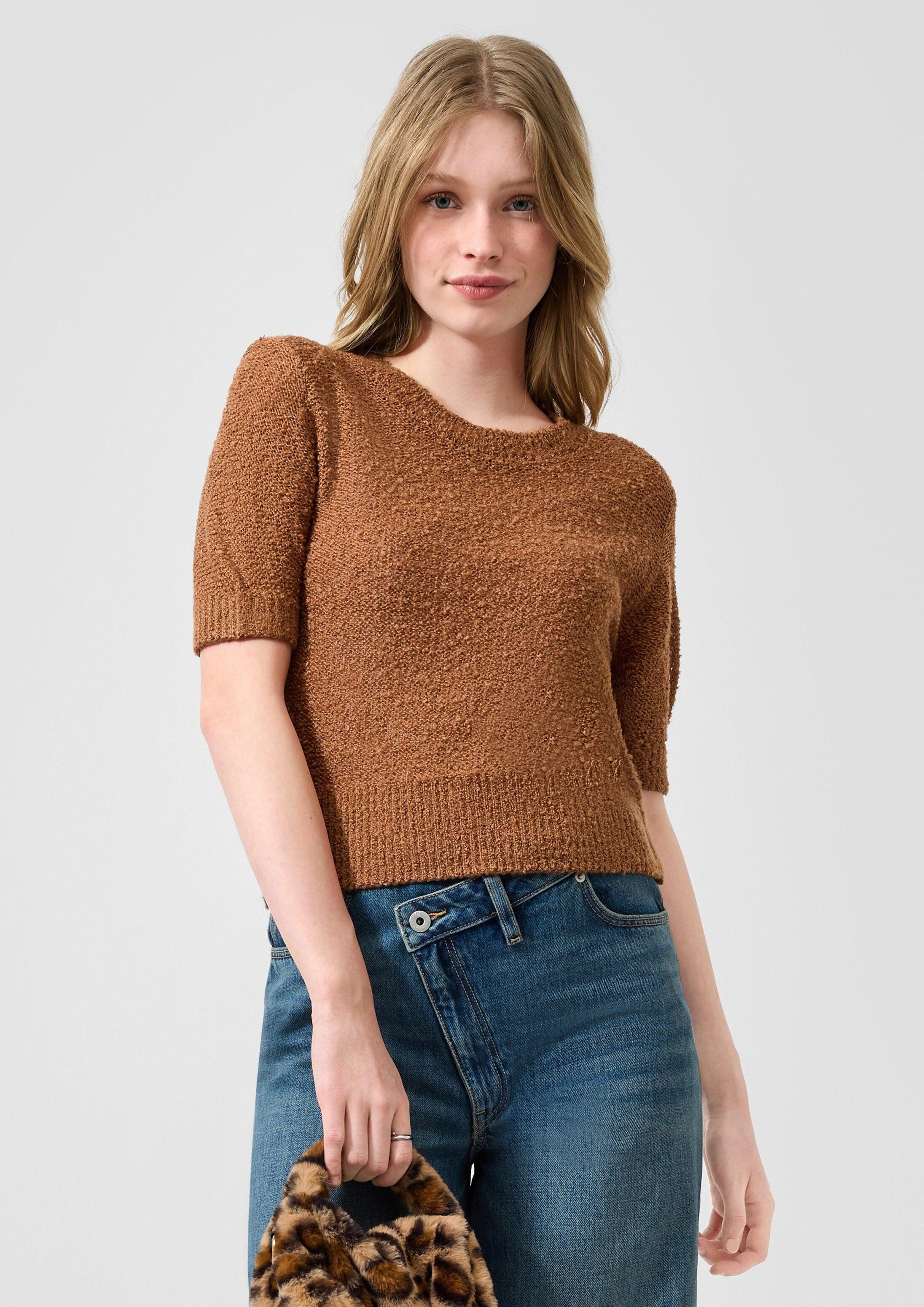 QS Kurzarmpullover Strickpullover Kurzarm-Pullover in Bouclé-Optik