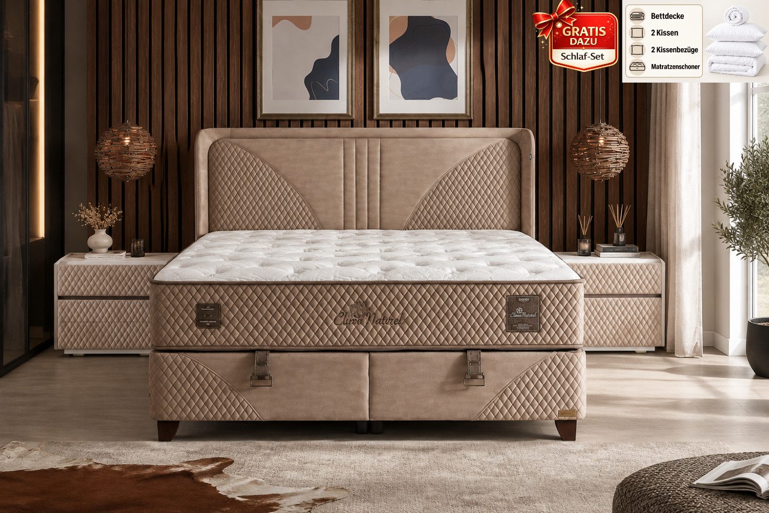 BAMBI YATAK Boxspringbett Set, Bambi Clima Naturel, Schlafzimmerbett, Doppelseitige Matratze, H3 (140x200 cm Bett, 1 x H3 Mittelfest Matratze, 2 x Bettkasten, 1 x Bettkopfteil), Taschenfederkern, Hyper-Schaum, Doppelseitig, Matratzenhöhe: 35 cm