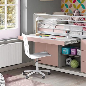 Lomadox Hochbett 90x200cm, mit ausziehbarem Schreibtisch und Stauram, weiß/rosa