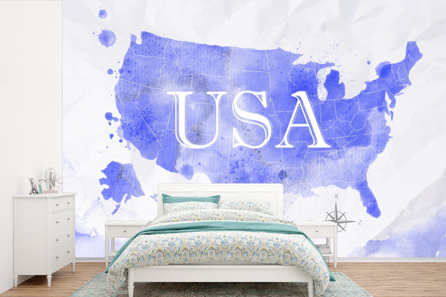 MuchoWow Fototapete Vereinigte Staaten - Blau - Weltkarte, Matt, bedruckt, (6 St), Wallpaper für Wohnzimmer, Schlafzimmer, Kinderzimmer, Vinyl Tapete