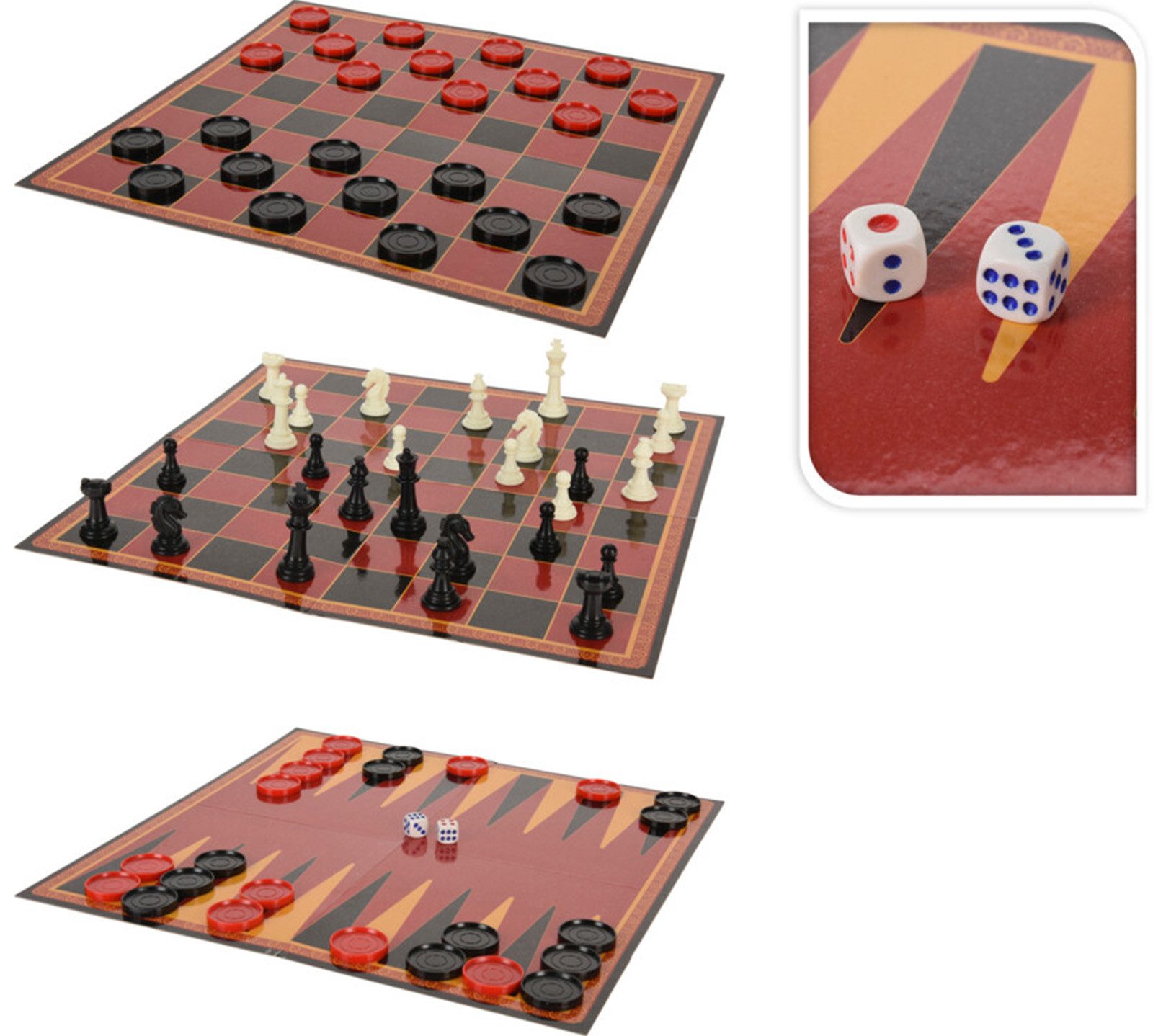 Koopman Spiel Familienspiel Brettspiel 3 IN 1 Schach Dame Backgammon Reisespiel, Brettspiel, 3in1, Karton Spielfeld, 30x30cm, Faltbar, Reisegröße