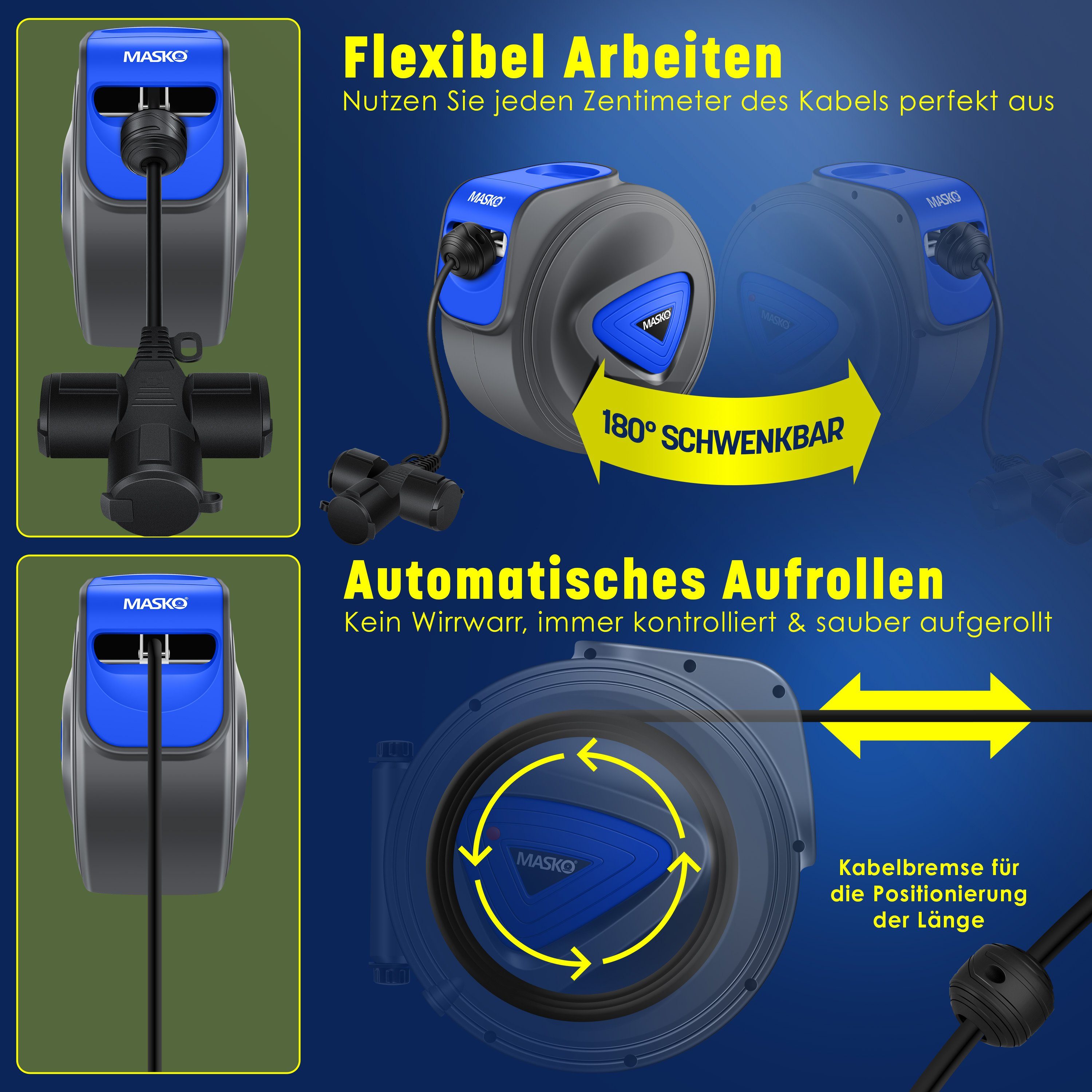 MASKO Verlängerungskabel, (15 cm), Automatik Kabeltrommel Verlängerungskabel mit 3-Fach Anschluss