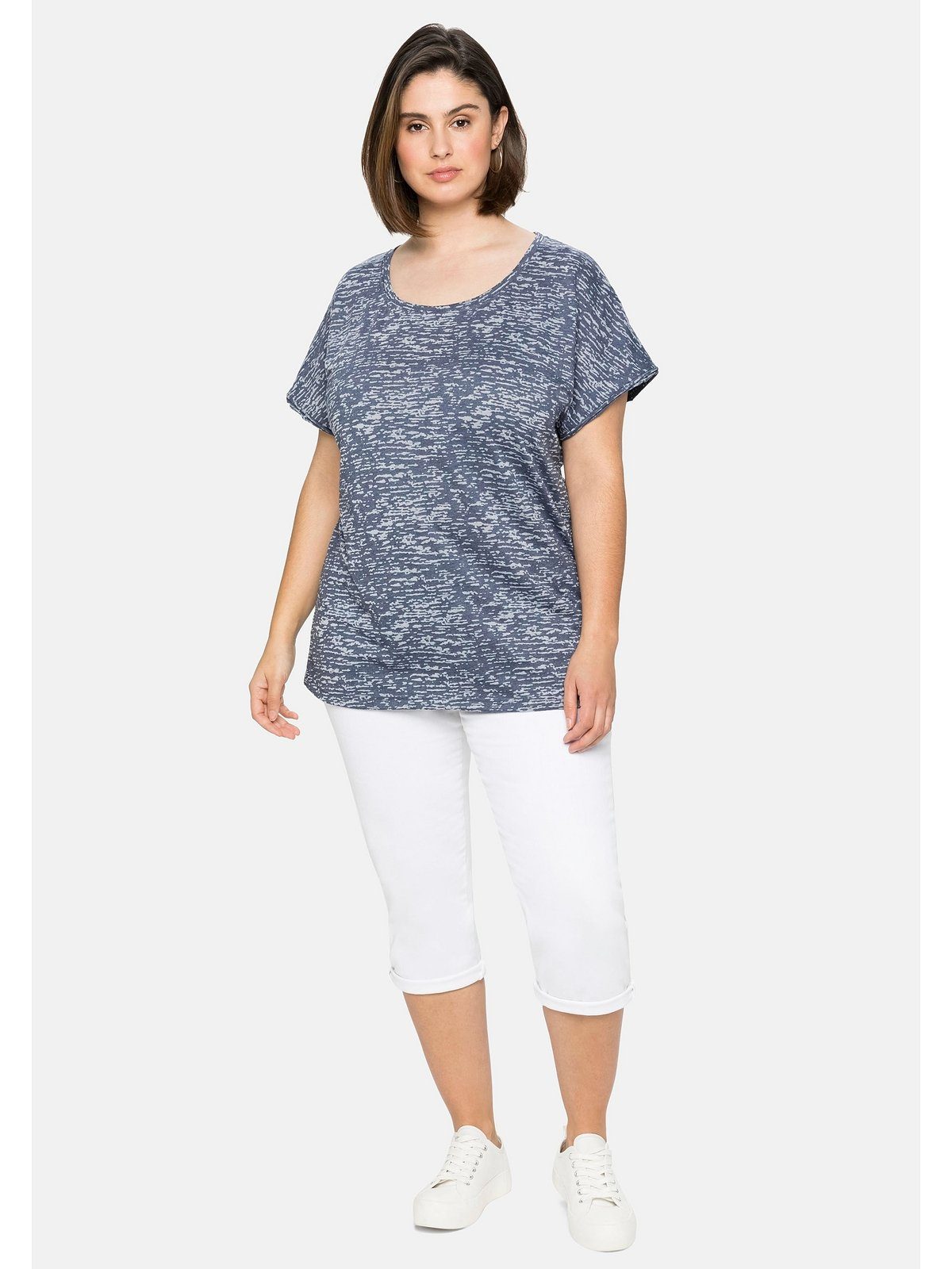 T-Shirt leicht mit Ausbrennermuster, Große transparent marine Sheego Größen