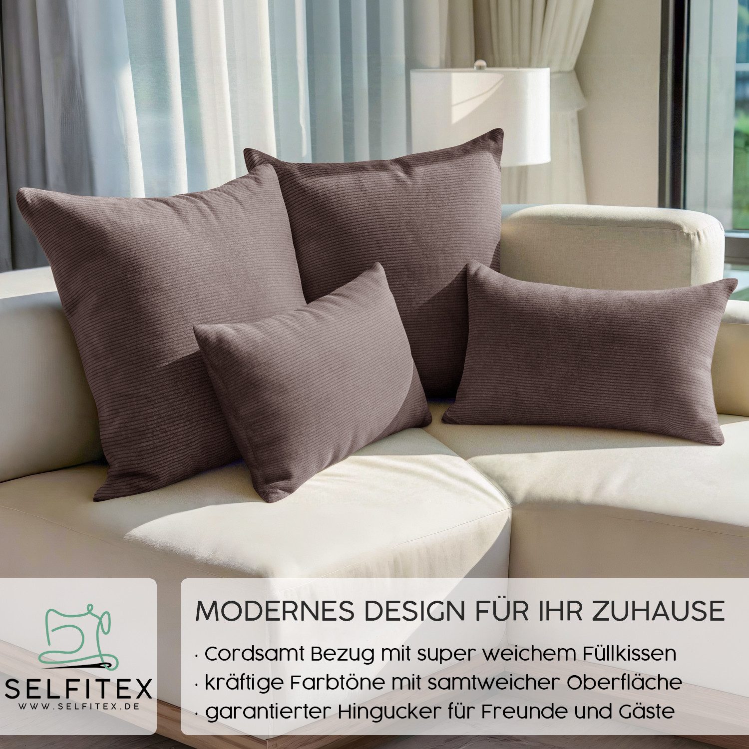 Selfitex Dekokissen 4er Set Cord Kissen inkl. Füllkissen, 2x 50x50 & 2x 30x50, robuster Bezug mit satten Farben, weiches Füllkissen