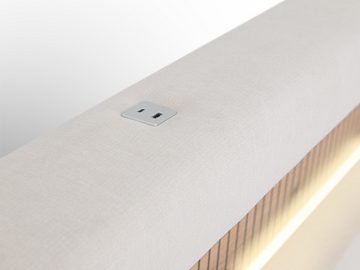 wonello Boxbett Espoo 3, mit LED-Beleuchtung, Bettkasten, USB-Anschluss, Holzpaneel und Topper