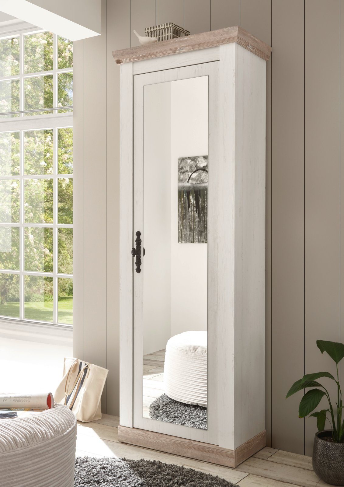 Furn.Design Garderobenschrank weiß, in Pinie mit Inneneinteilung Rovola 201 x variable Spiegeltür, großer 73 cm) (Schuhschrank