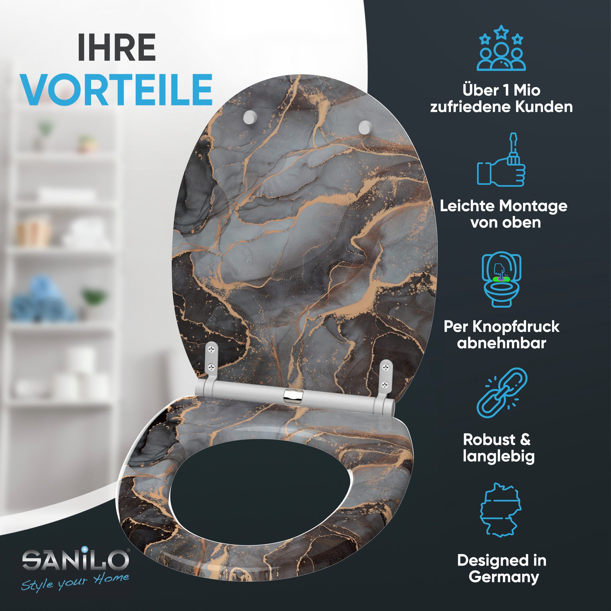 Sanilo WC-Sitz mit Absenkautomatik, viele Toilettendeckel direkt vom Hersteller, hochwertig & modern, universell, leichte Montage