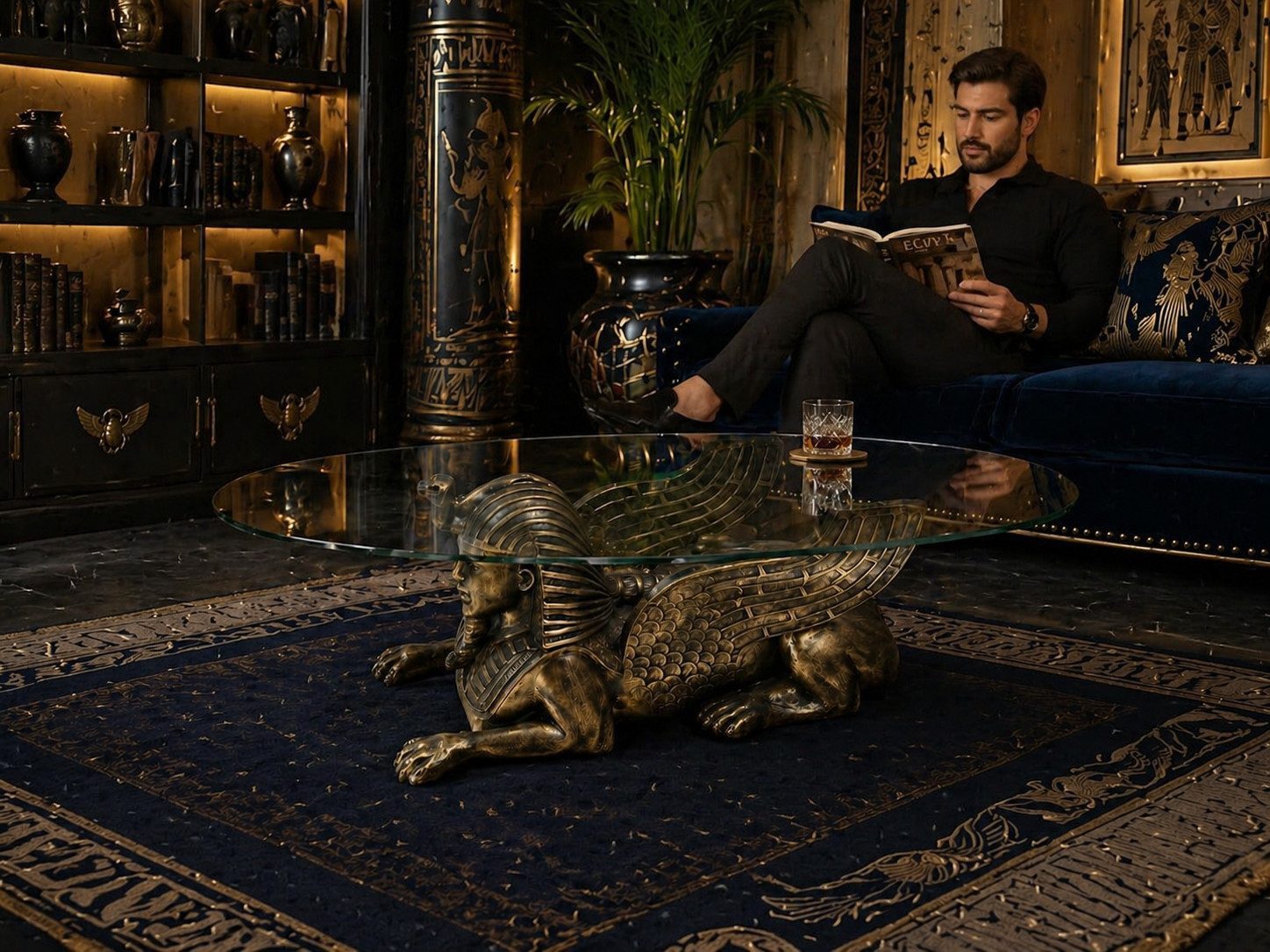 Xlmoebel Couchtisch Egyptischer Sphinx Tisch aus Glas und Metall, elegantes Design Sofort, Antikes Design, Hochwertige Verarbeitung, Stabilität