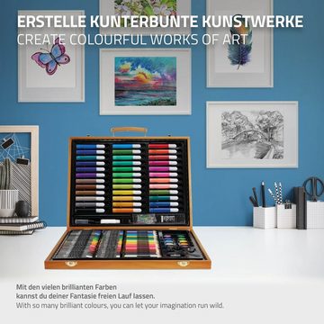 ECD Germany Malstift Malkoffer Künstler Set Zeichenset Pinselset, 150-Teilig Holzkoffer Filzstiften Wachsmalstiften Ölpastellkreide