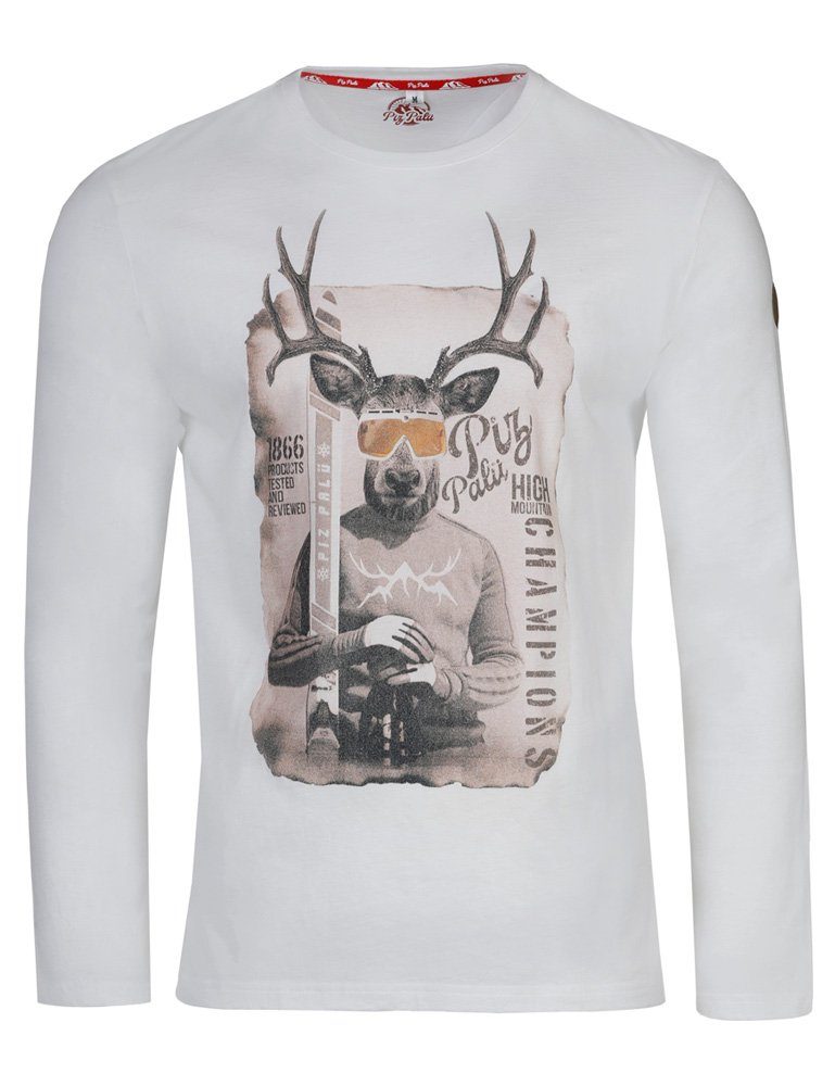 Piz Palü Langarmshirt Herren Pullover "Unterföhring" mit Hirsch Print, 020033 - Weiß - Longsleeve langärmeliges T-Shirt (1-tlg)