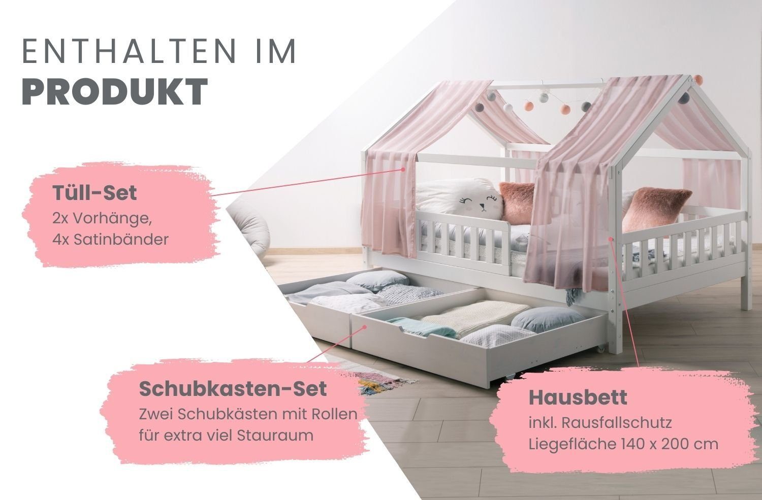 Ticaa Hausbett Kim mit Rausfallschutz und Schubkasten aus Kiefer, Kinderbet günstig online kaufen