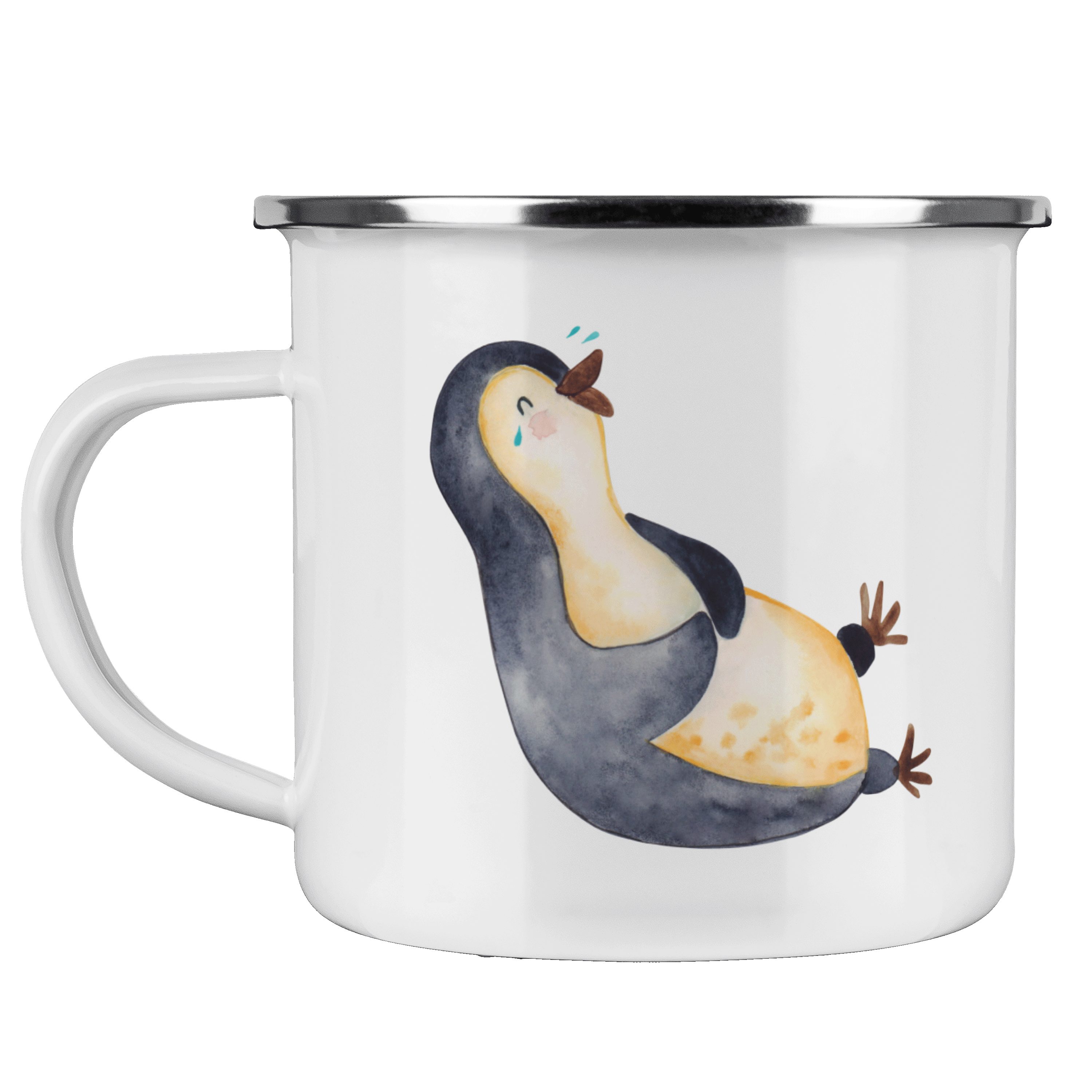 Mr. & Mrs. Panda Becher Pinguin lachend - Weiß - Geschenk, Emaille Campingbecher, funny, Opti, Emaille