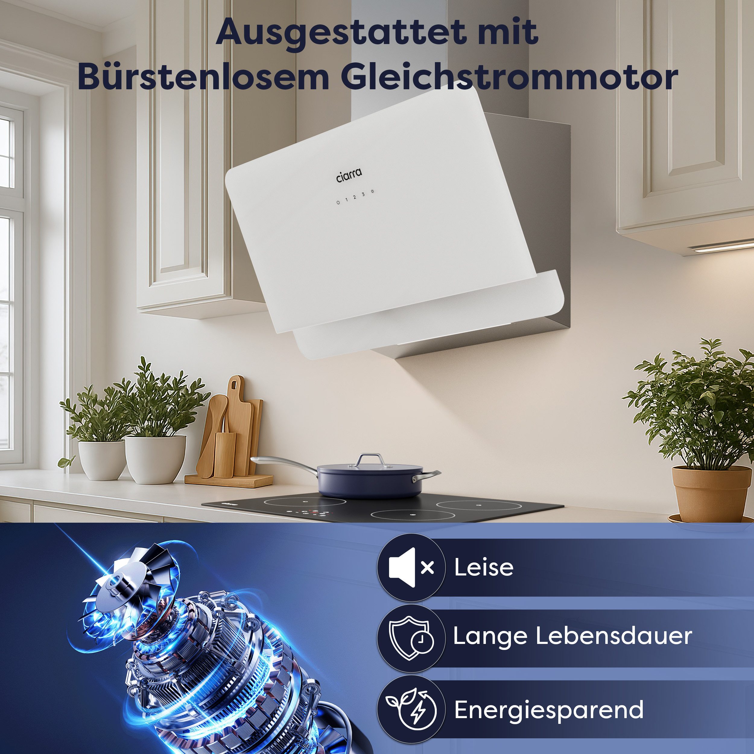 CIARRA Kopffreihaube 60cm Dunstabzugshaube A+ 590 m³/h SensorTouch Umluft & Abluft VM6765CS Leise Schräghaube aus Edelstahl Glas Aktivkohlefiltern, Fettfiltern – Bild 4 von 5