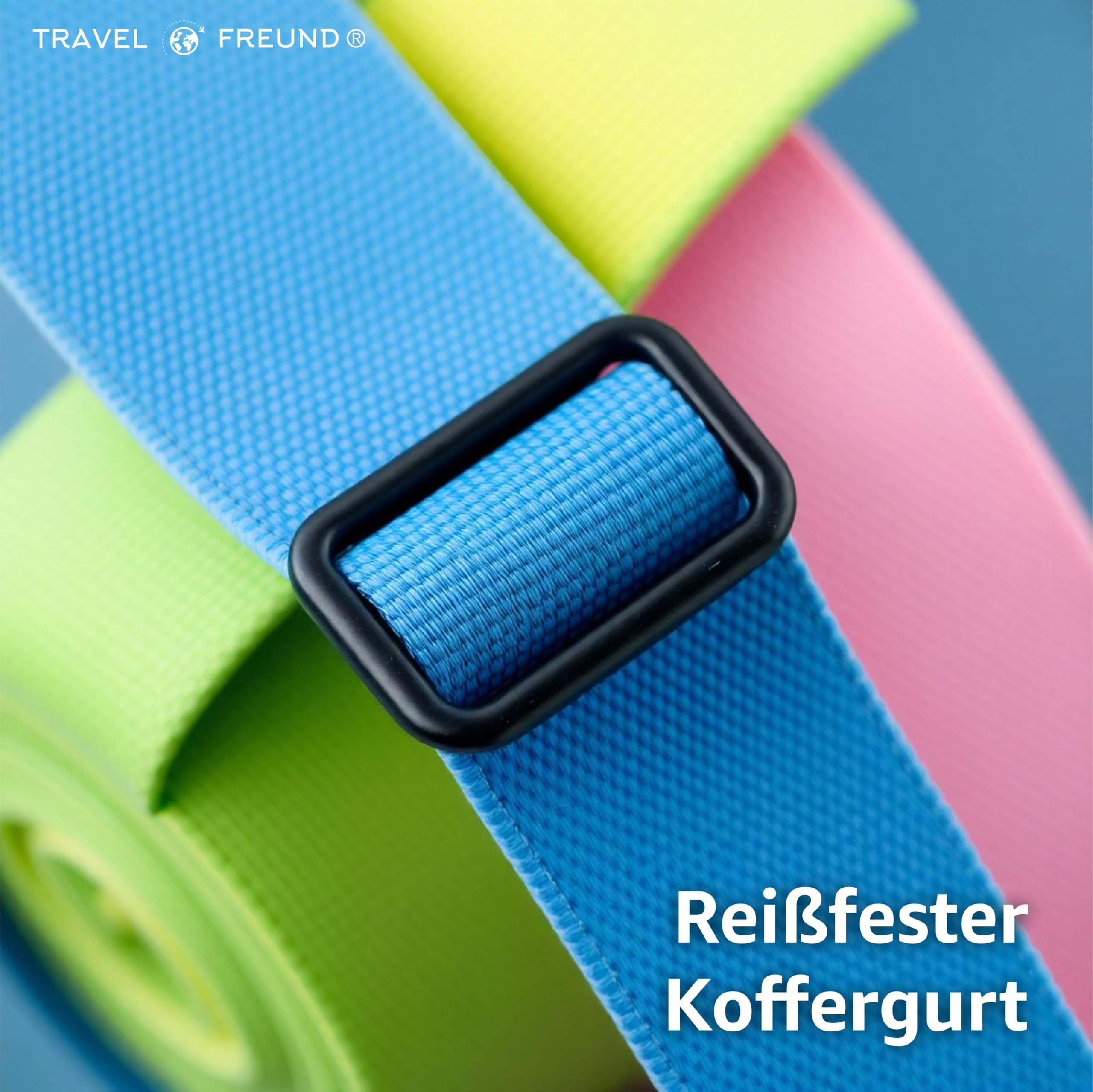Travelfreund® Koffergurt 4er Kofferband Set bunt - Koffergurte für Koffer & Gepäck zum Reisen, (Set, 4-tlg., 4x Kofferband), 4 bunte Farben