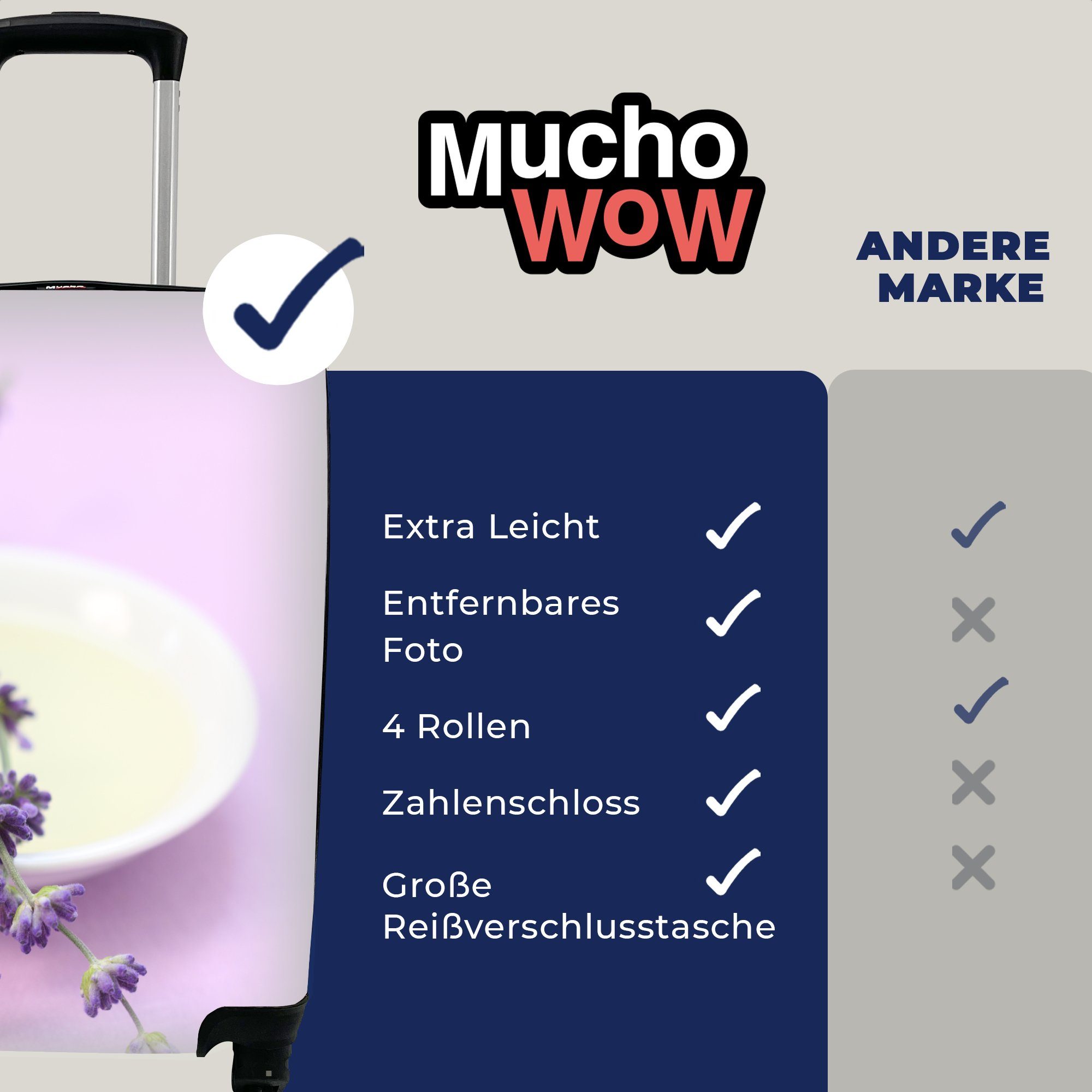 MuchoWow Handgepäckkoffer einem 4 für Rollen, Nahaufnahme Handgepäck auf Hintergrund, Reisekoffer Reisetasche rollen, mit von rosa Lavendel Trolley, Ferien