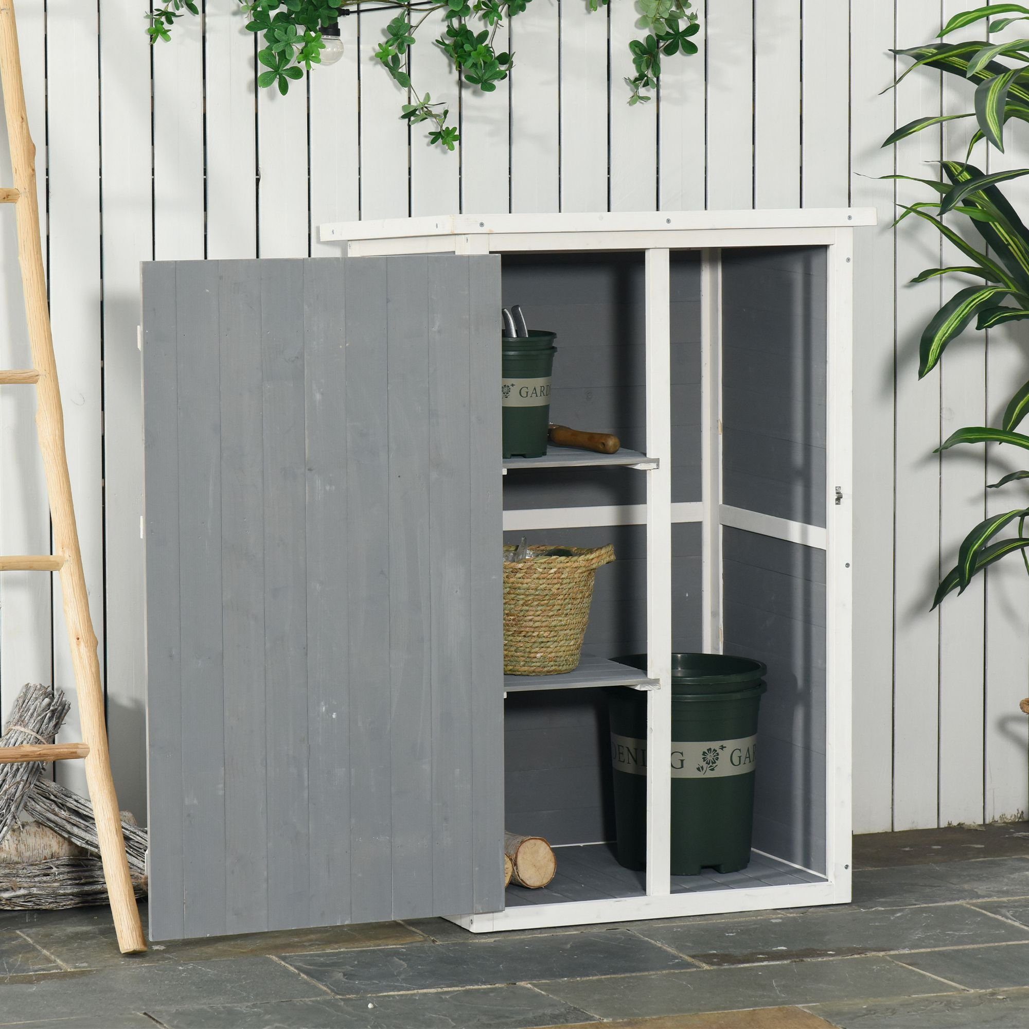 Outsunny Gerätehaus Gartenhaus, Садовые сараи mit Regalböden, BxT: 75x56 cm, (Gartenschrank, 1 St., Geräteschrank), für Garten, Naturholz, Schwarz+Grau+Weiß