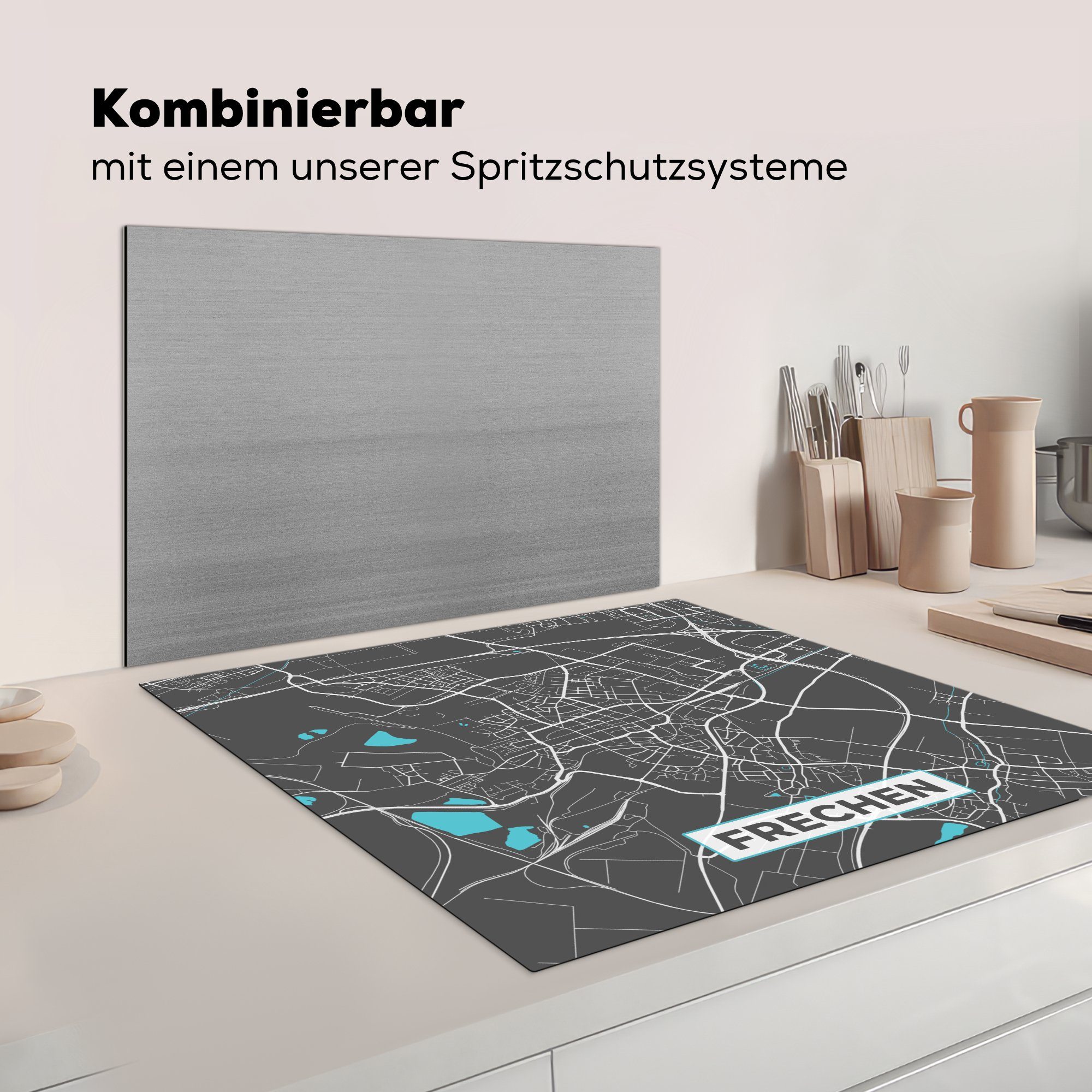 - MuchoWow Karte Blau - Stadtplan Vinyl, 78x78 - - Deutschland, Arbeitsplatte Ceranfeldabdeckung, tlg), (1 Herdblende-/Abdeckplatte für küche cm, Frechen