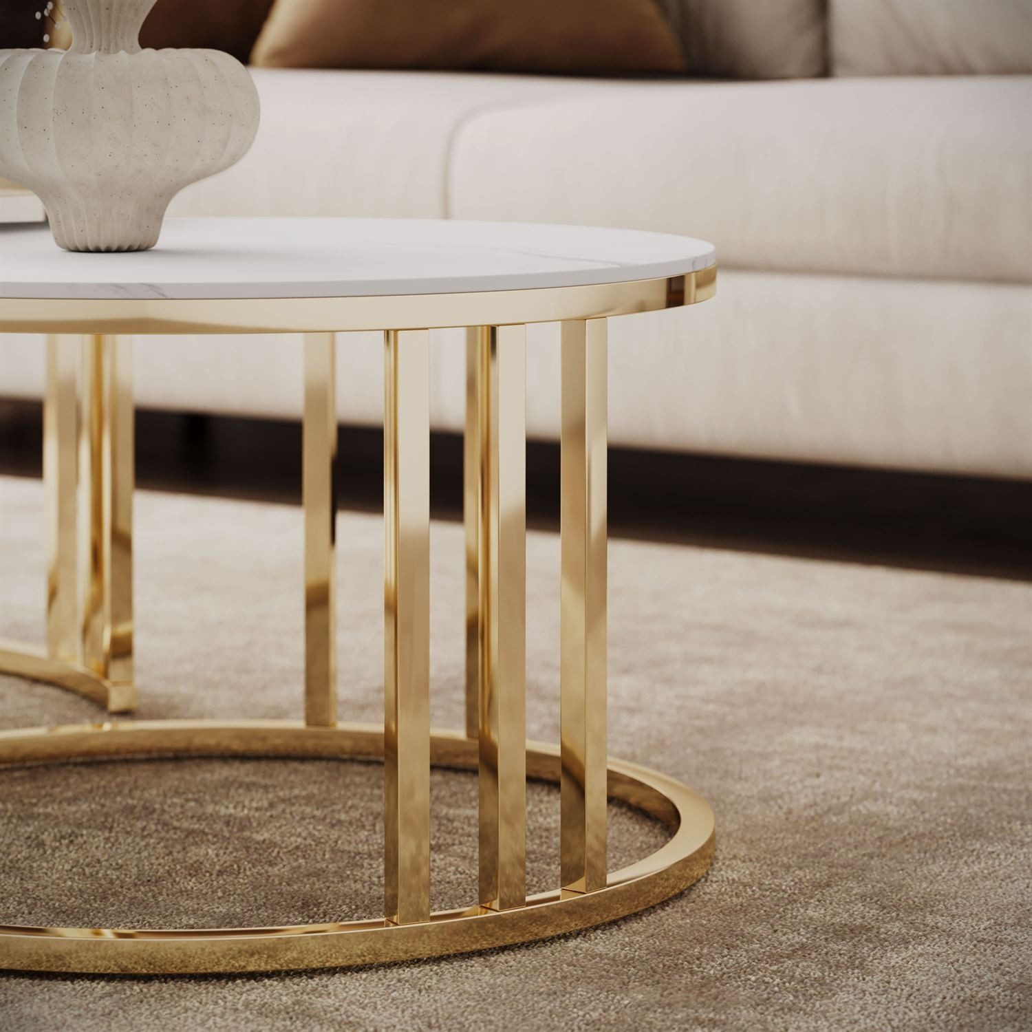 ALLHOUSE24 Couchtisch LINE 2 in 1 mit goldenem Metallgestell und Marmorplatte Sofatisch (2er-Set), Durchmesser: 80 cm/60 cm – Bild 4 von 5