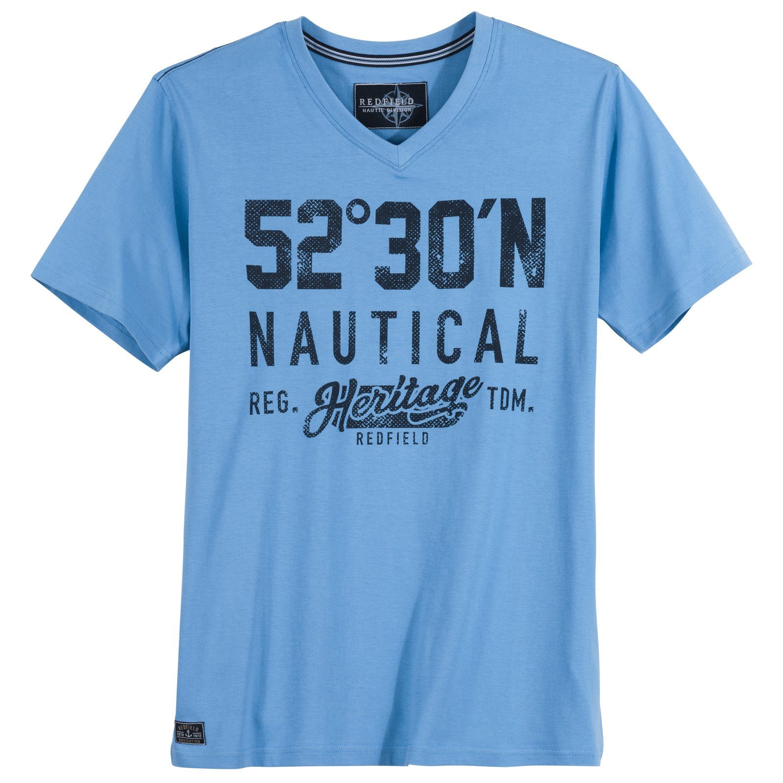 redfield Print-Shirt Übergrößen Herren T-Shirt V-Neck 52°30'N himmelblau Redfield