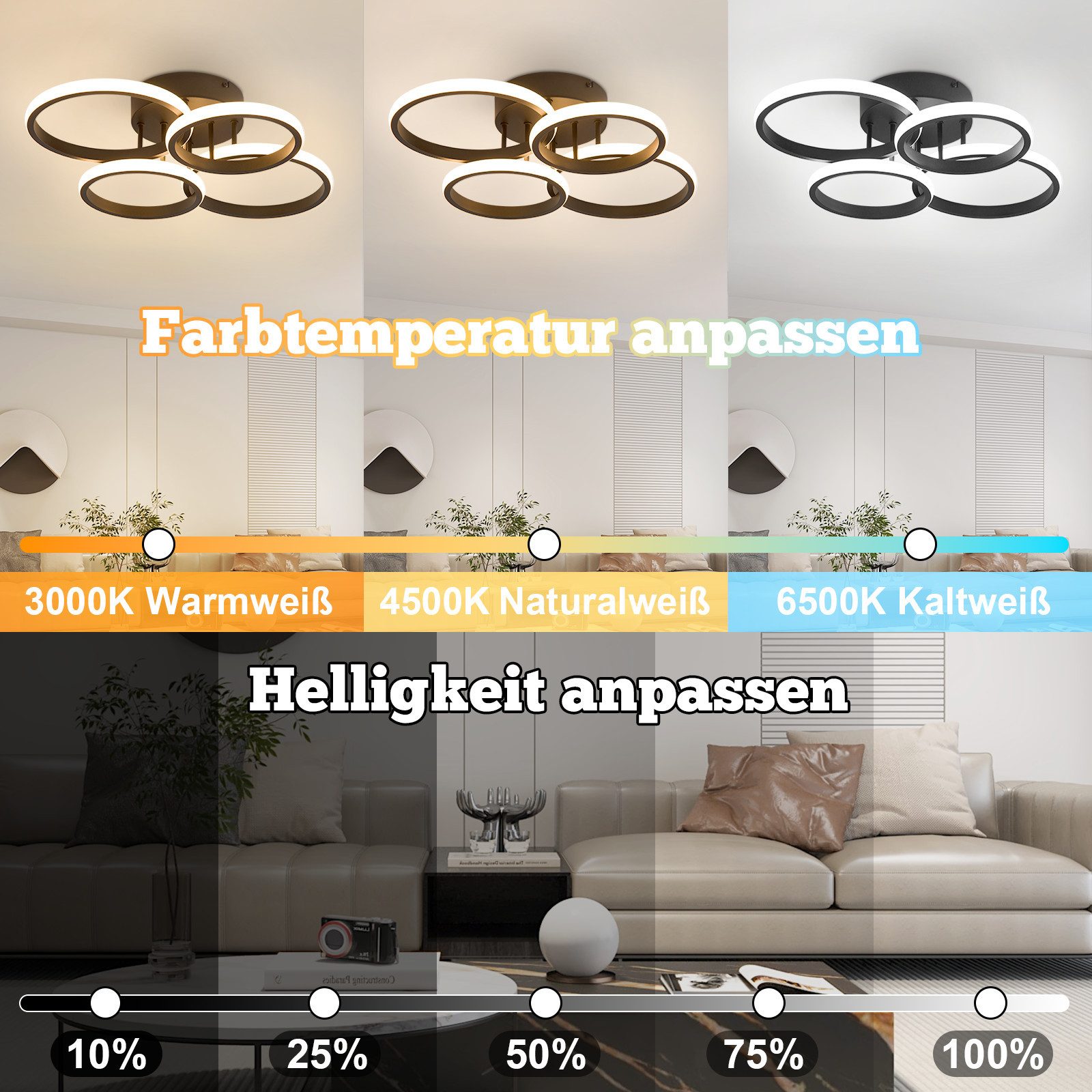 Nettlife LED Deckenleuchte Wohnzimmer Dimmbar Schwarz günstig online kaufen