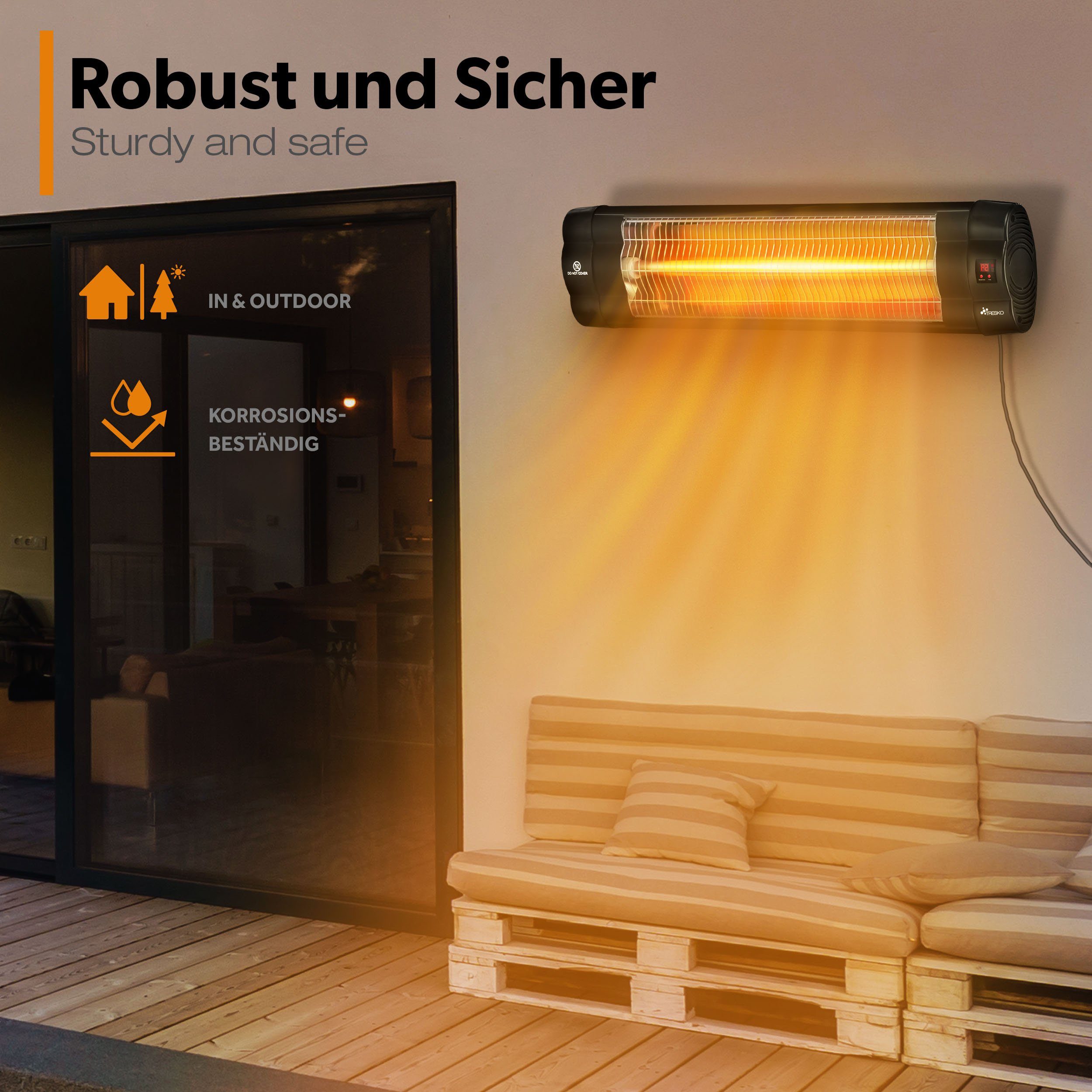 TRESKO Heizstrahler Infrarot Heizstrahler mit Fernbedienung, 3 Stufen & LED Anzeige, 2500 W, Wärmestrahler Wand Terrasse elektrisch Terrassenstrahler
