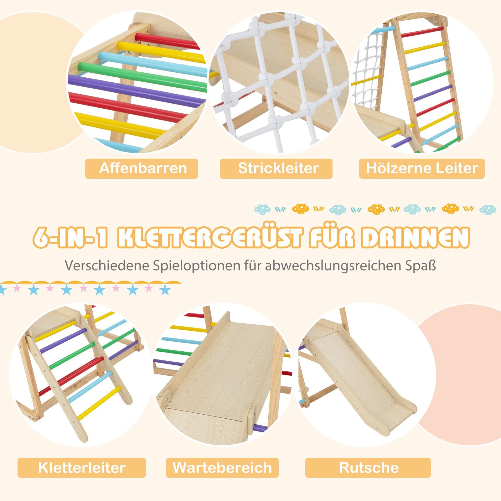 COSTWAY Klettergerüst 6 in 1, mit Rutsche & Kletternetz & Leiter