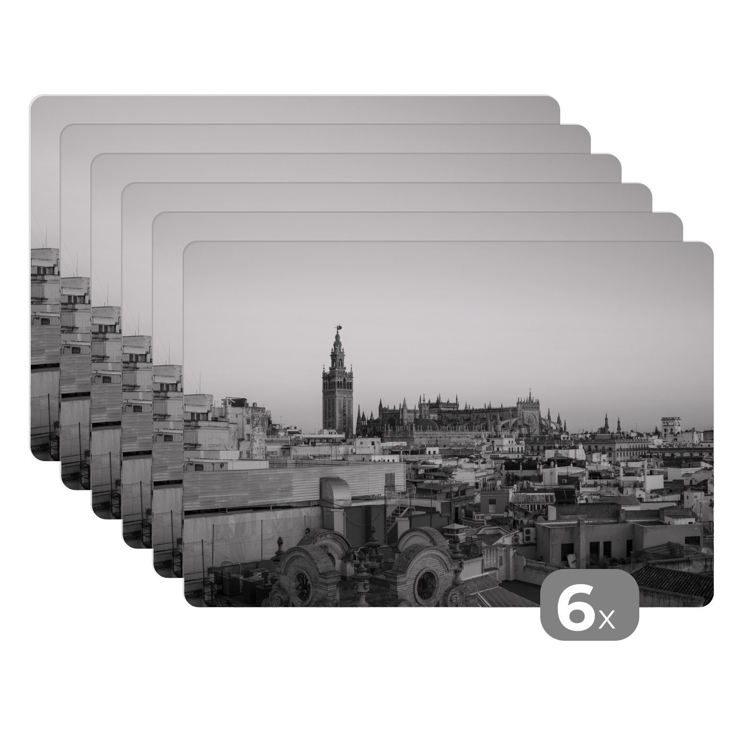MuchoWow, Platzset, bei Skyline Platzmatte, von Sevilla - und (6-St), Tischmatten, Schmutzabweisend schwarz Sonnenuntergang Platzset, weiß, Platzdecken,