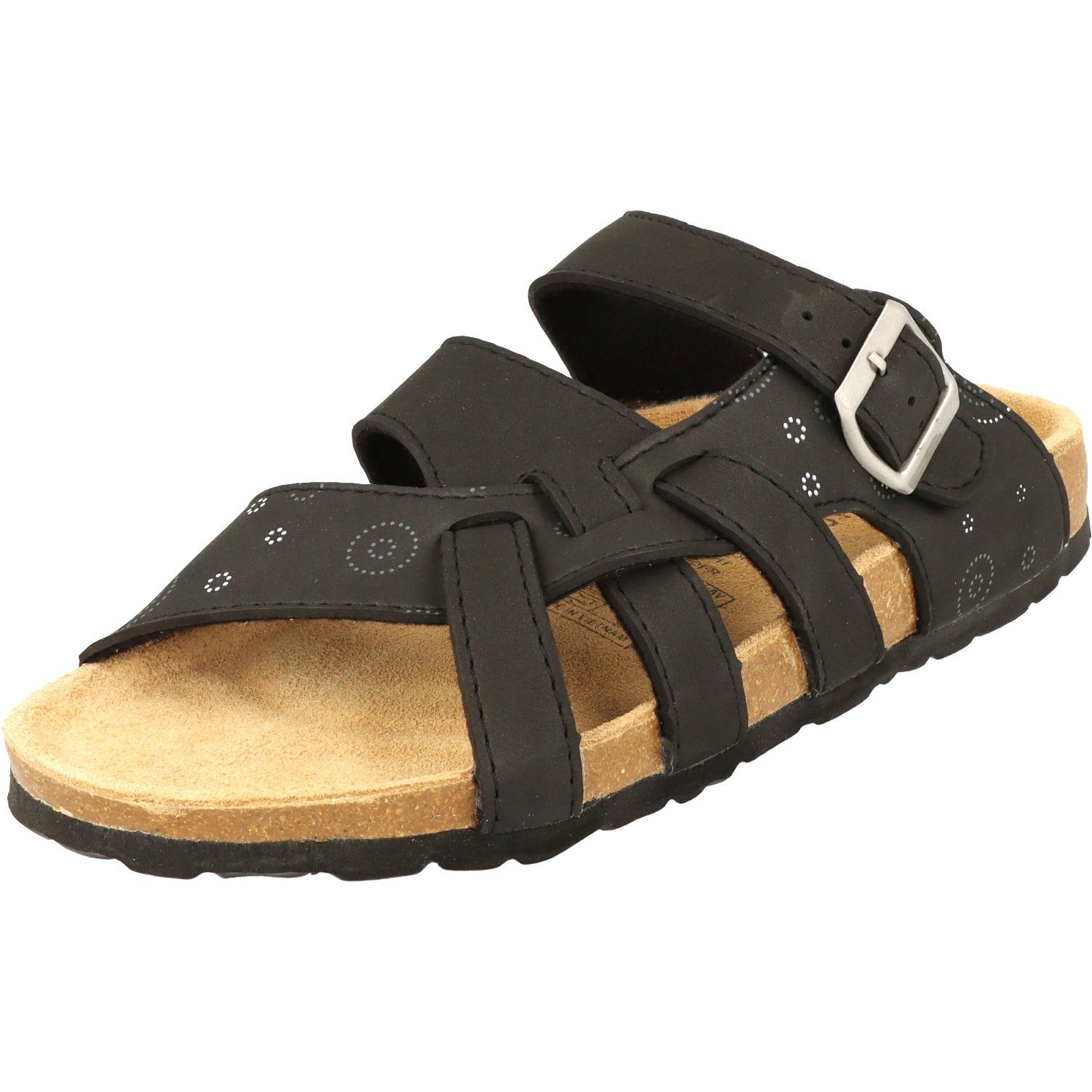 Cloxx Damen Schuhe T67913 Hausschuhe Sandale Lederfußbett Pantolette Schwarz