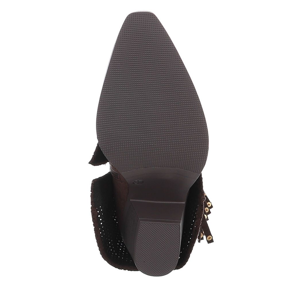 Ital-Design Damen Boots mit Fransen und perforiertem Design Westernstiefel (91154622) Blockabsatz Stiefel in Dunkelbraun