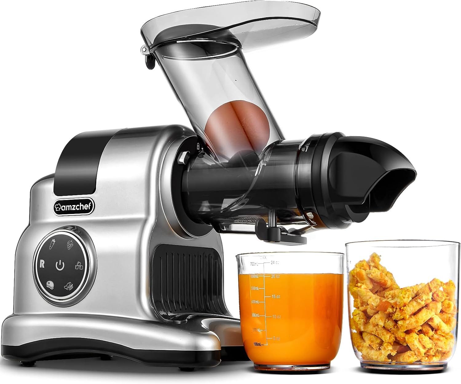 AMZCHEF Slow Juicer ZM1517 80 mm Einfüllschacht 2 Stufen Rücklauf unter 60 dB Obst Gemüse, 150 W, Bis 90 % Saftausbeute nährstoffschonend einfache Reinigung täglich