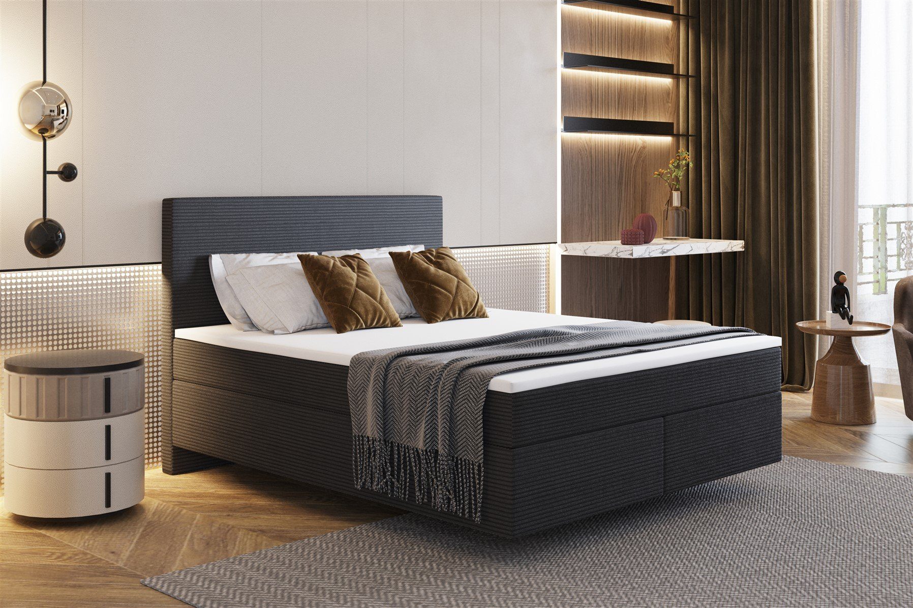 Fun Möbel Boxspringbett Schlafzimmerbett DEVIL Premium Stoff Scala (inkl. Kaltschaumtopper), Scheinbar schwebende Optik