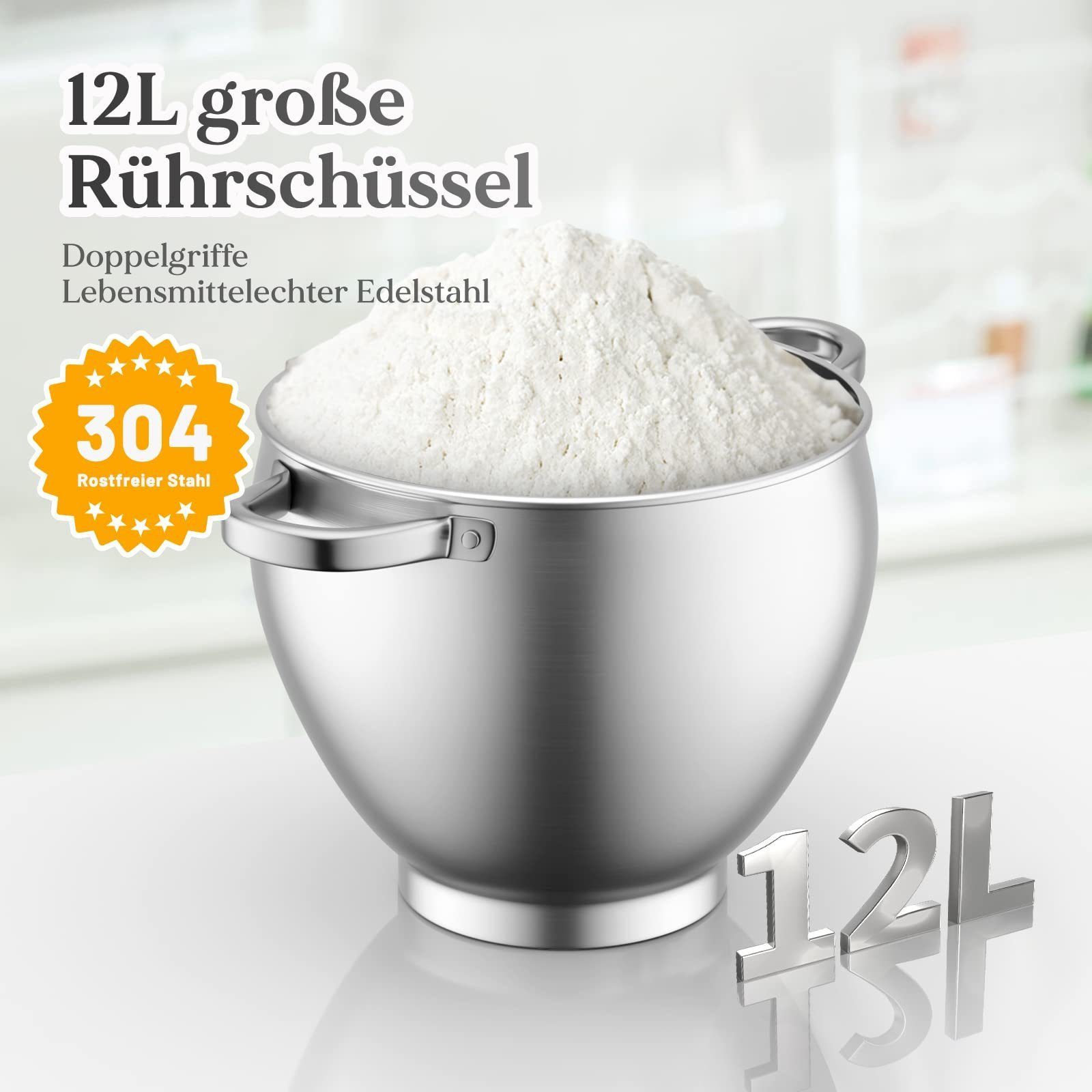 HOMELUX Küchenmaschine SC-667, 2500 W, 12 l Schüssel, inkl 3-Teiligem Patisserie-Set und Spritzschutz, mit Edelstahlschüssel