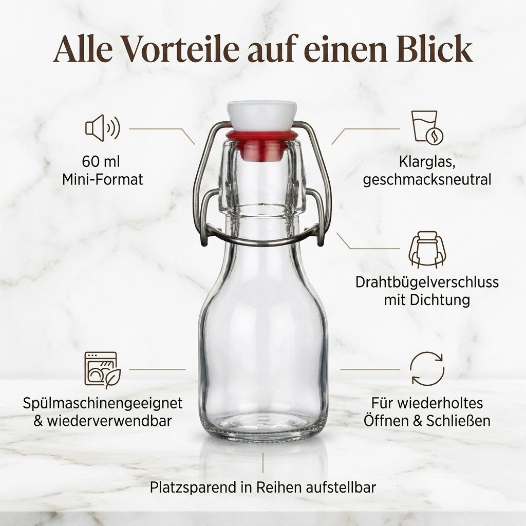 gouveo Trinkflasche Glasflaschen 60 ml mit Bügelverschluss rot - Mini Bügel-Flasche 0,06 l, Drahtbügelverschluss, luftdicht verschließbar, spülmaschinengeeignet