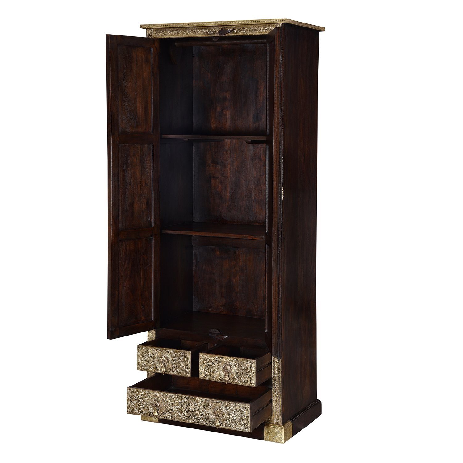 Casa Moro Kleiderschrank Orientalischer Schrank Balin aus Massivholz und Messing (Drehtürenschrank mit Messing verziert in Gold Braun, 1-St) Vintage Kleiderschrank 80x52x205 (B/T/H), MA27-320
