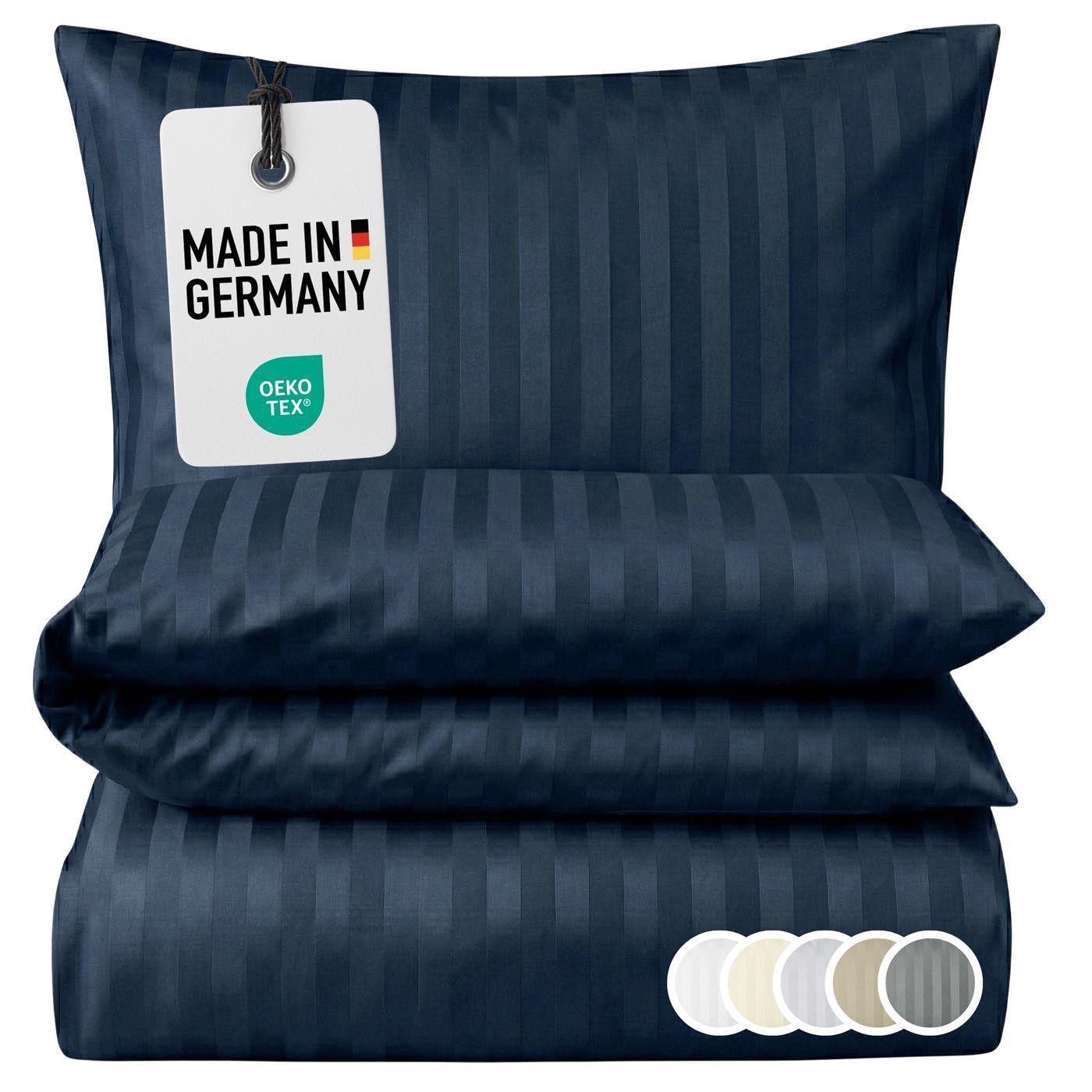 Carpe Sonno Bettwäsche Damast 135x200 155x220 Hochwertige Hotel Baumwoll Bettwäsche gestreift, Damast, 2 teilig, Bettwaren Set 135 x 200 Bettbezug mit Reißverschluss - Dunkel Blau