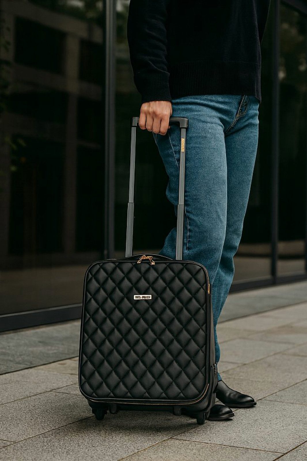 Koopman Trolley Reisekoffer Reisetrolley Rollkoffer Rolltrolley 35L 52x34x17cm, Steppmuster, Goldfarbende Akzente, Schwarz, Teleskopgriff