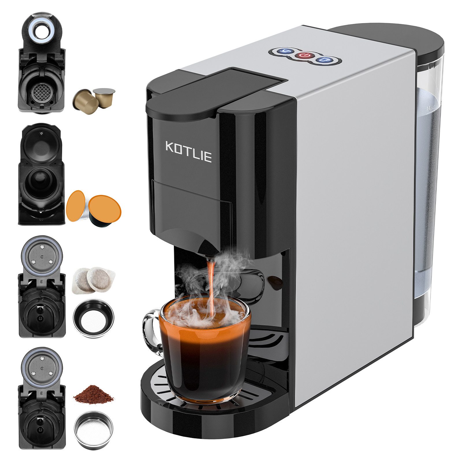 KOTLIE Kapselmaschine, 19Bar, 4-in-1-Kapselkaffeemaschine für Nespresso Original /Dolce Gusto / LOR / gemahlenen Kaffee / ESE-Pads, Individuelles Wasservolumen, abnehmbarer Tank