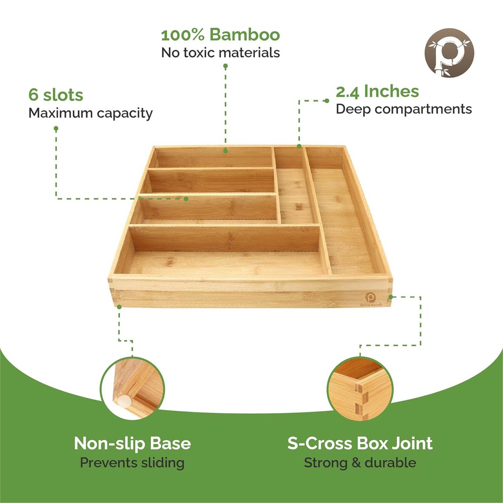 Pristine Bamboo Besteckkasten Universal Schubladeneinsatz Besteck Küche Büro Organizer Einsatz, Bambus 6 Fächer