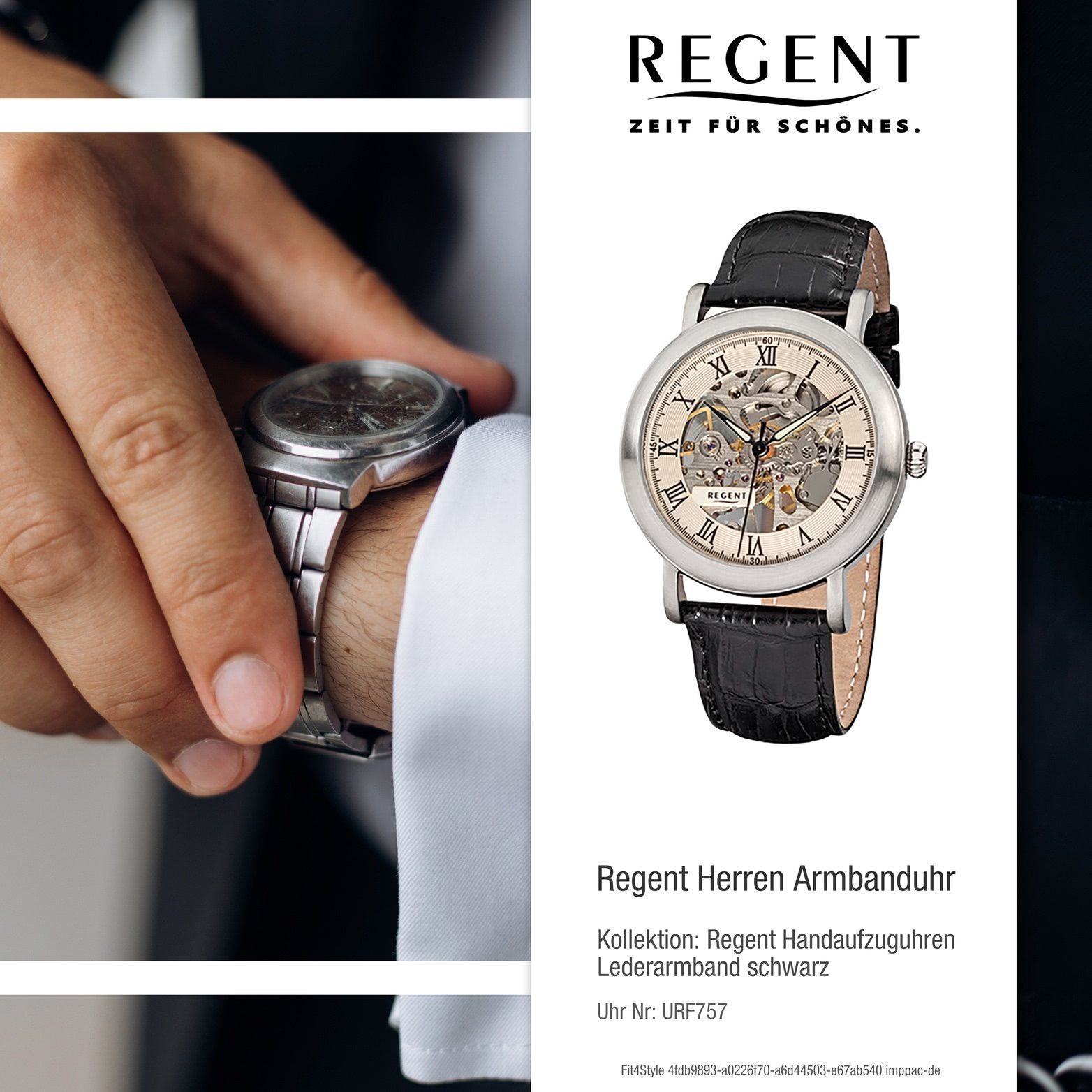 Regent Quarzuhr Regent Gehäuse, Lederarmband (ca. schwarz, Herrenuhr F-757 rundes Uhr groß 40mm) Herren Leder Handaufzug
