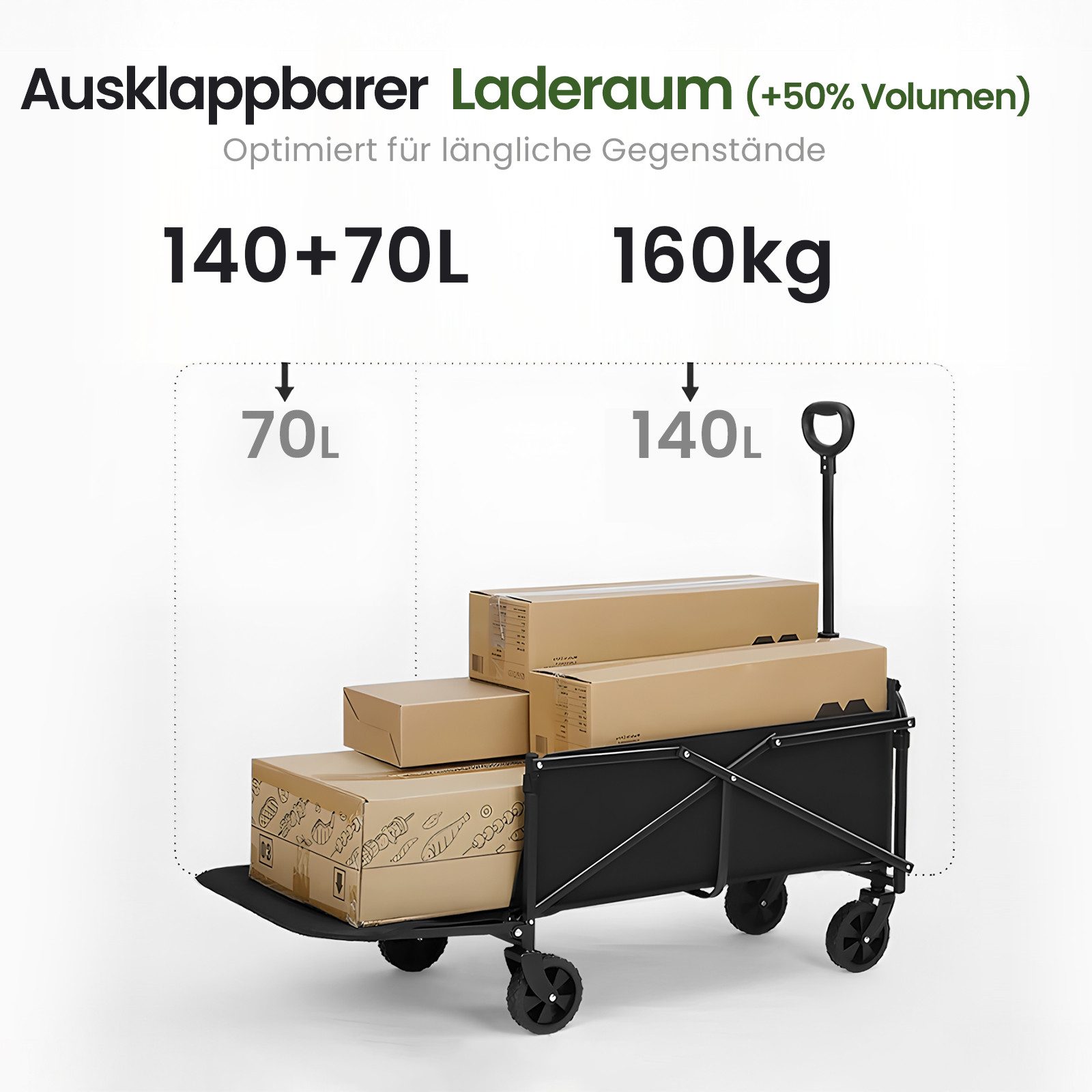 gowoll Handwagen Bollerwagen Faltbar Transportwagen klappbar Einkaufstrolley, (Strandwagen Für Einkaufen, Camping, Garten, Dogs), Erweiterbare Kapazität mit zwei Aufbewahrungstaschen, bis 320KG, 400L