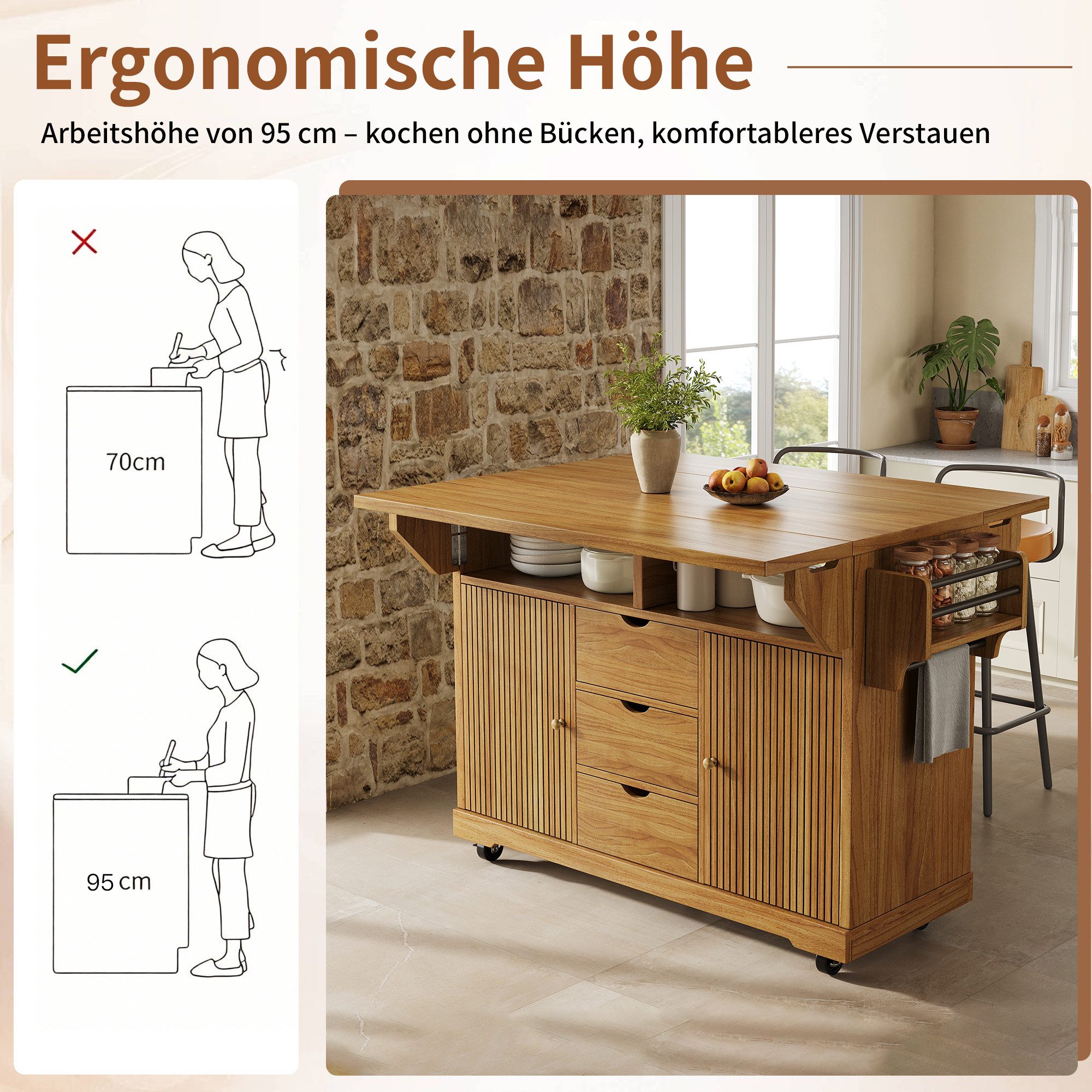 i@home Kücheninsel Küchenwagen freistehend mit Rollen und Arbeitsplatte, ausklappbarer, (mit Handtuchstange, feststellbaren Rollen und verstellbaren Böden), Ser – Bild 2 von 5