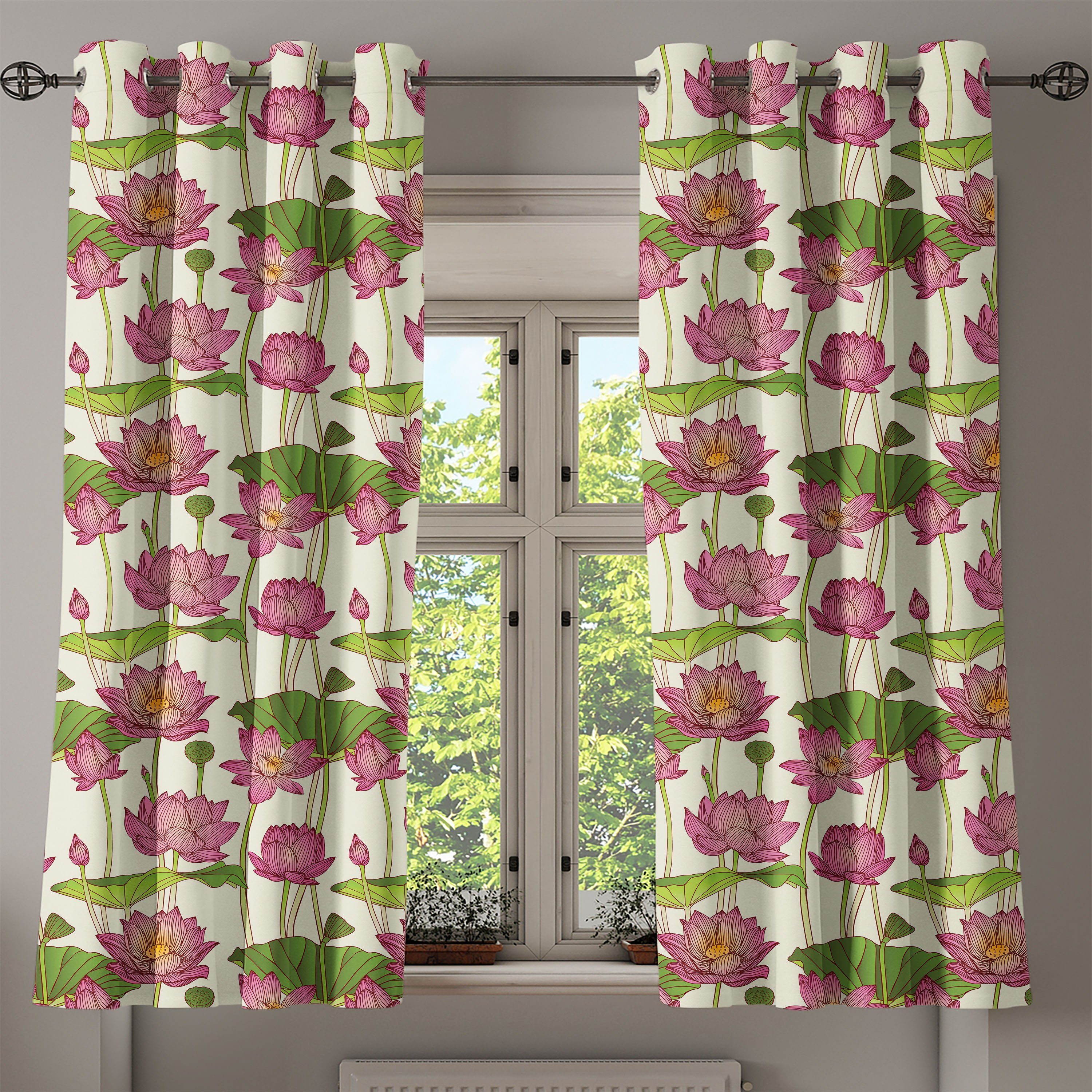 2-Panel-Fenstervorhänge Wohnzimmer, Blumen Dekorative Abakuhaus, für Schlafzimmer Pinke Gardine Lotus