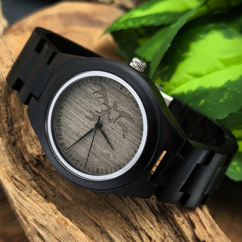 Holzwerk Quarzuhr HIRSCHTHAL Damen & Herren Holz Armband Uhr, Hirsch Logo, schwarz