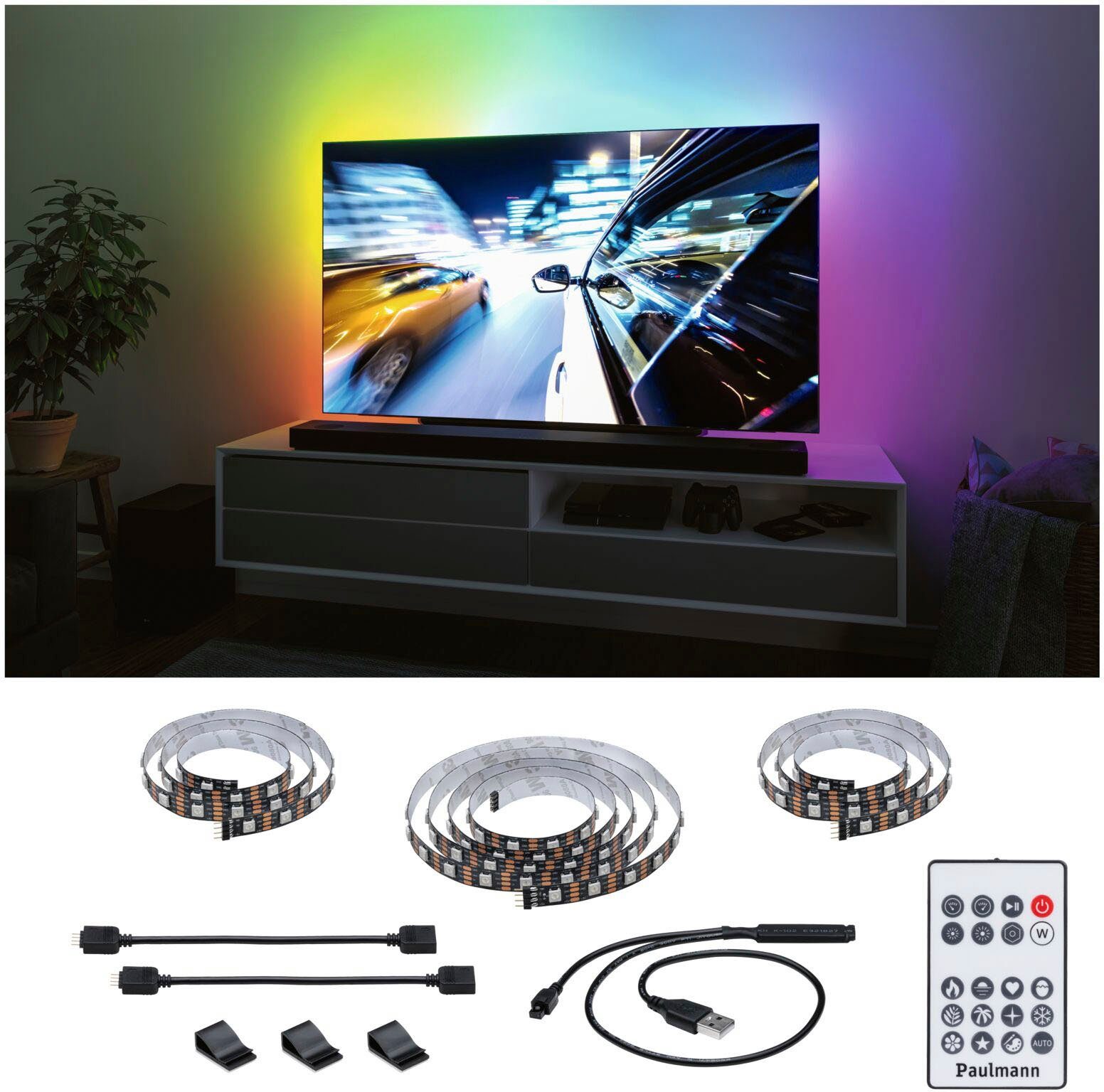 Paulmann LED-Streifen USB LED Strip Streifen Dynamic Zoll RGB mit 2,4m 1-flammig, Farbwechselfunktion LED stimmungsvollen Rainbow 4W, 65 TV-Beleuchtung