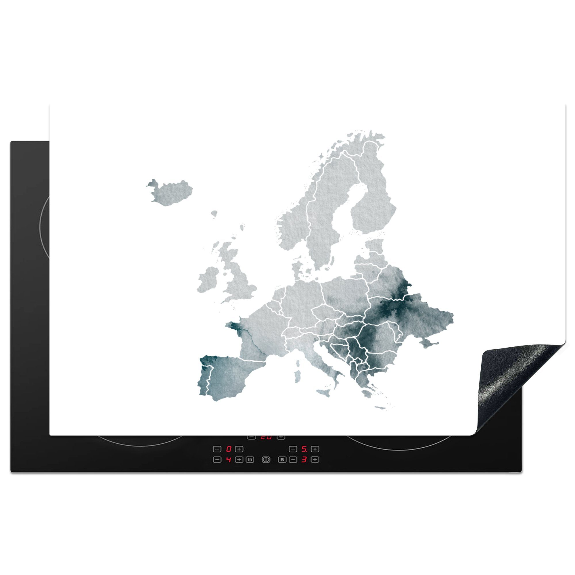 MuchoWow Herdblende-/Abdeckplatte Karte von Europa - Aquarell - Grau, Vinyl, (1 tlg), 81x52 cm, Induktionskochfeld Schutz für die küche, Ceranfeldabdeckung